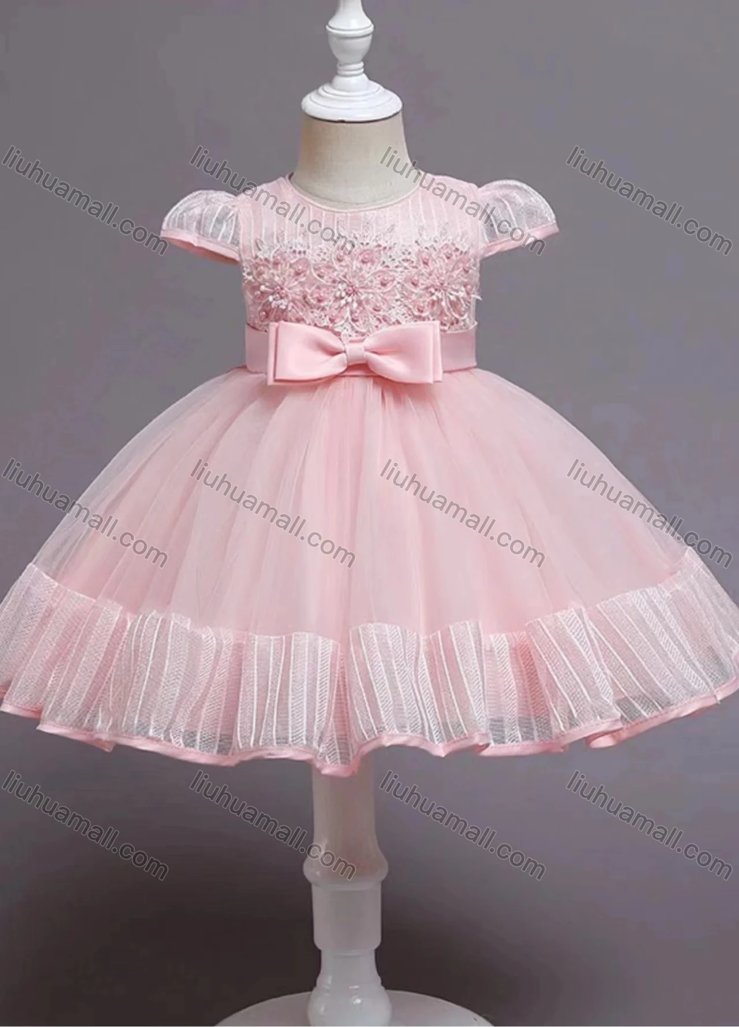 Wholesale Girls Lovely Cap Sleeve Embroidery Bow Knot Pleated Dress - Liuhuamall