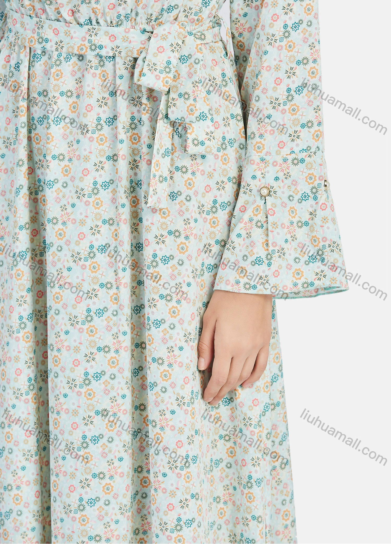 Wholesale Women's Casual Allover Print Round Neck Long Sleeve Ruffle Hem Maxi Dress With Belt - Liuhuamall