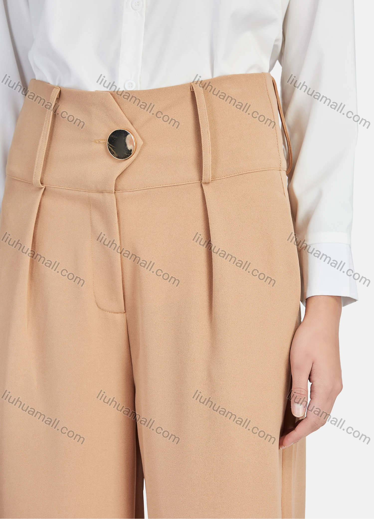 Wholesale Women's Casual Plain High Waist Button Front Wide Leg Pants - Liuhuamall