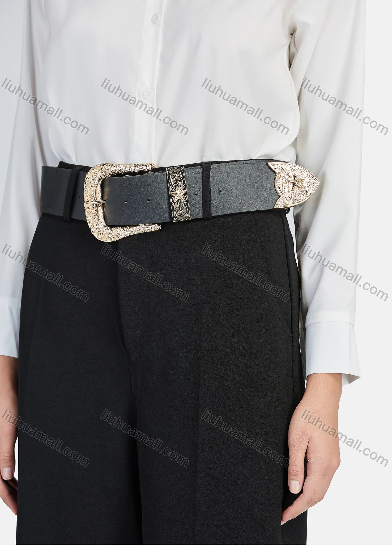 Wholesale Women's Casual Plain High Waist Wide Leg Pants With Belt - Liuhuamall