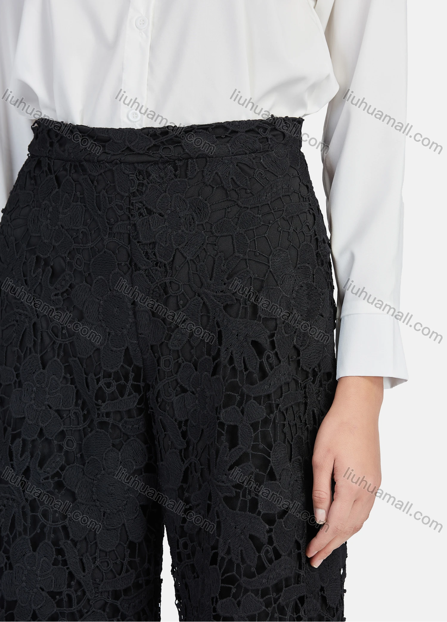 Wholesale Women's Casual Plain Guipure Lace High Waist Wide Leg Pants - Liuhuamall