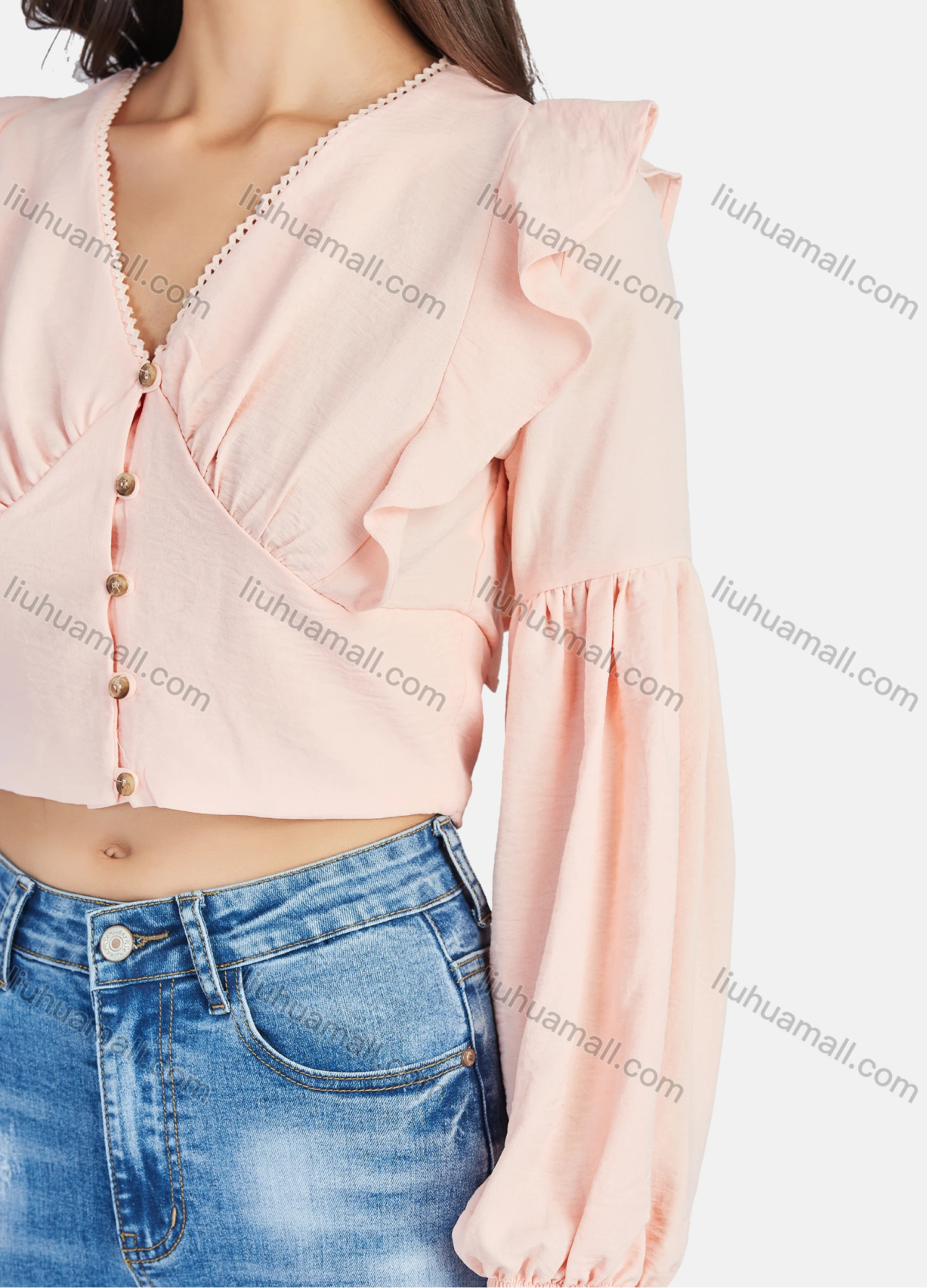 Wholesale Women's Casual Plain V Neck Ruched Button Down Long Sleeve Crop Blouse - Liuhuamall