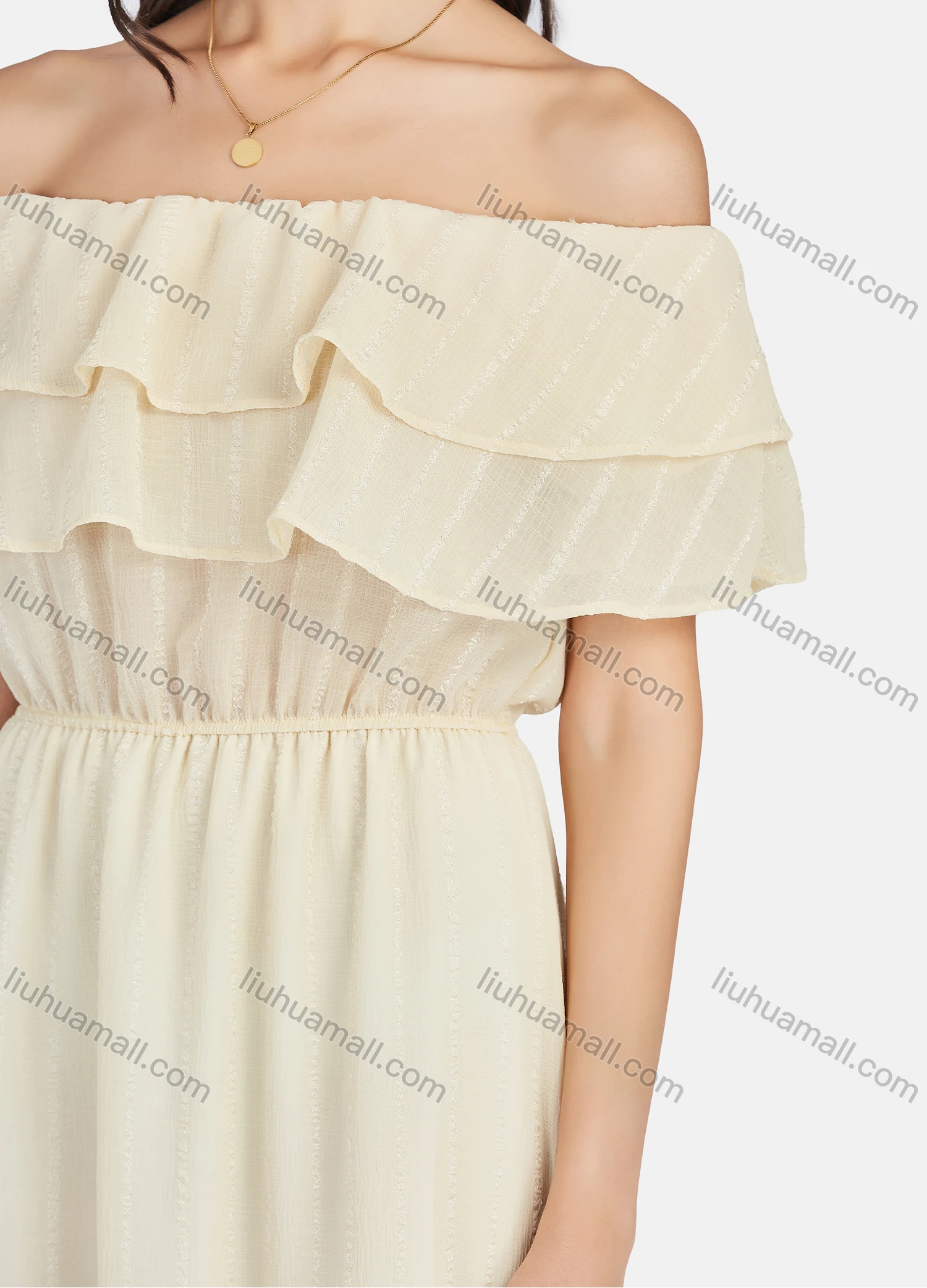 Wholesale Women's Plain Off Shoulder Ruffle Trim Ruched Ruffle Hem Midi Dress - Liuhuamall