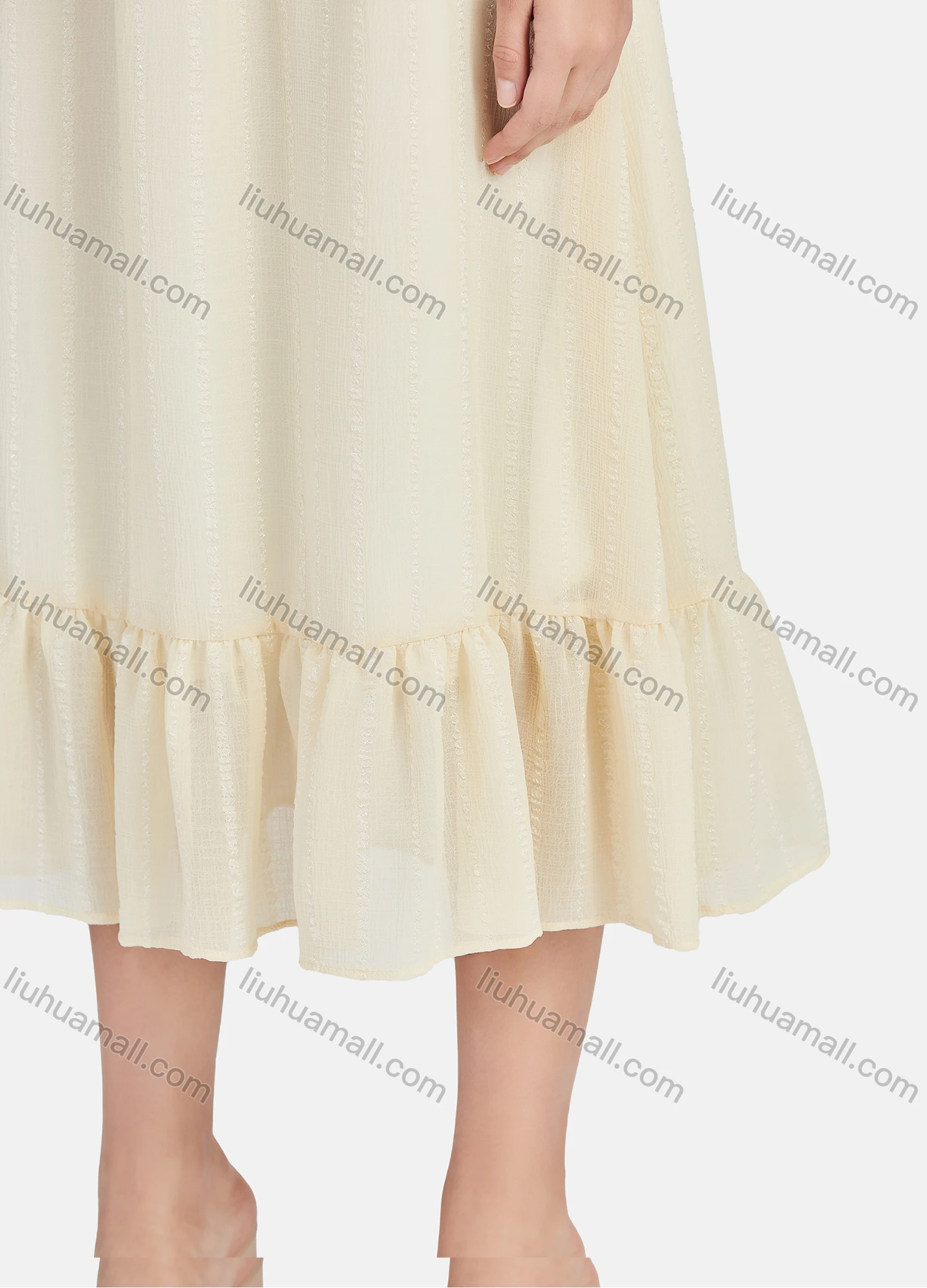 Wholesale Women's Plain Off Shoulder Ruffle Trim Ruched Ruffle Hem Midi Dress - Liuhuamall
