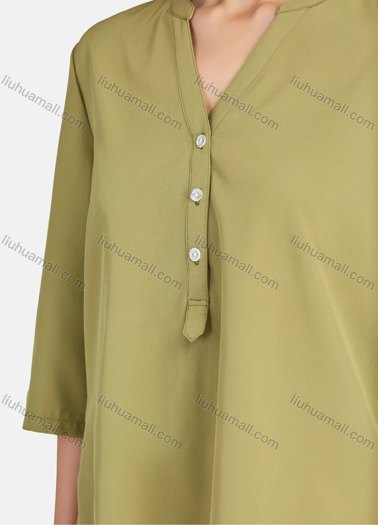 Wholesale Women's Casual Plain V Neck Button Front 3/4 Sleeve Blouse - Liuhuamall