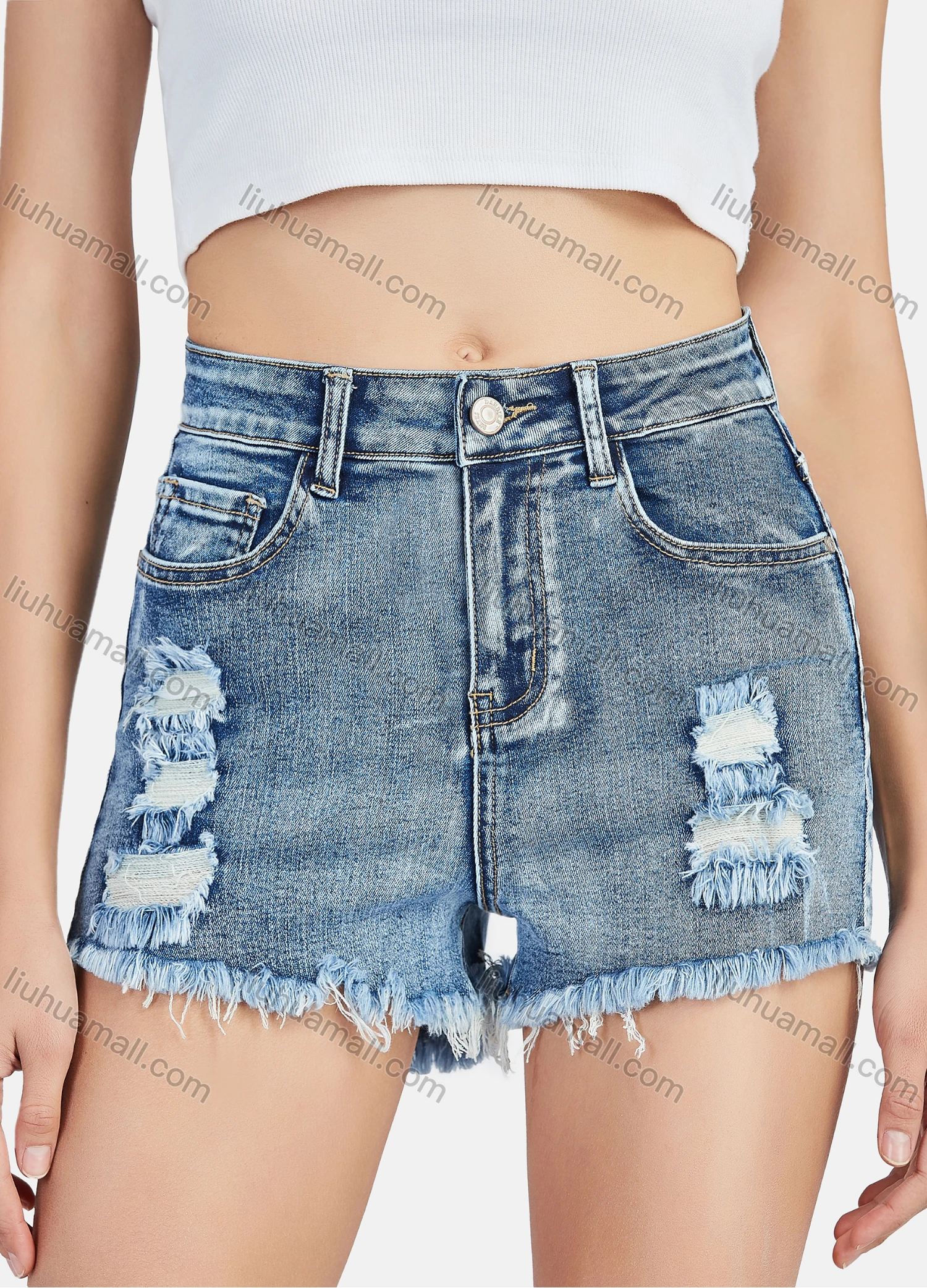 Wholesale Women's Casual High Waist Button Front Ripped Frayed Raw Hem Denim Shorts - Liuhuamall