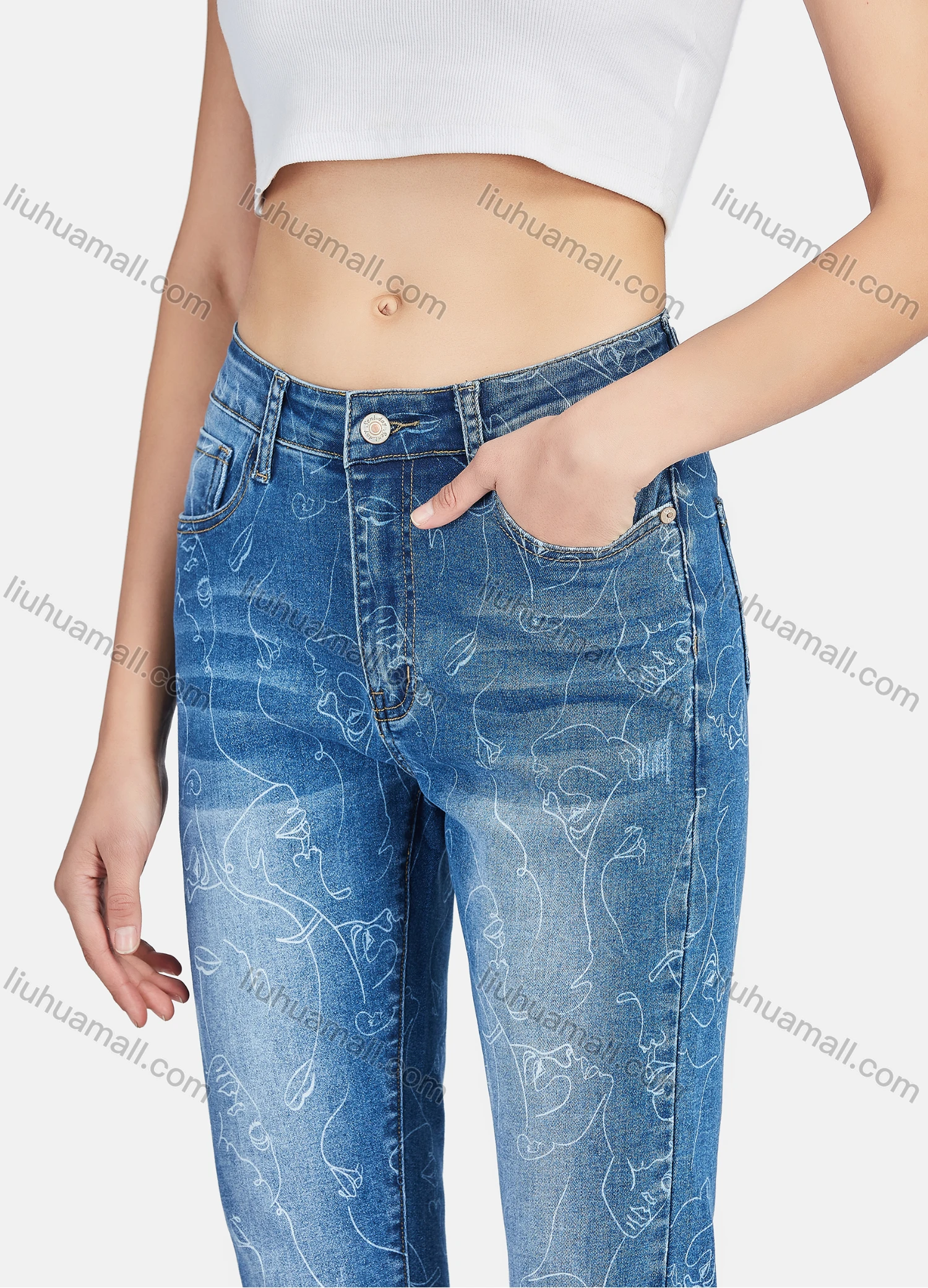 Wholesale Women's Casual Portrait Lines Distressed High Waist Skinny Fit Jean - Liuhuamall
