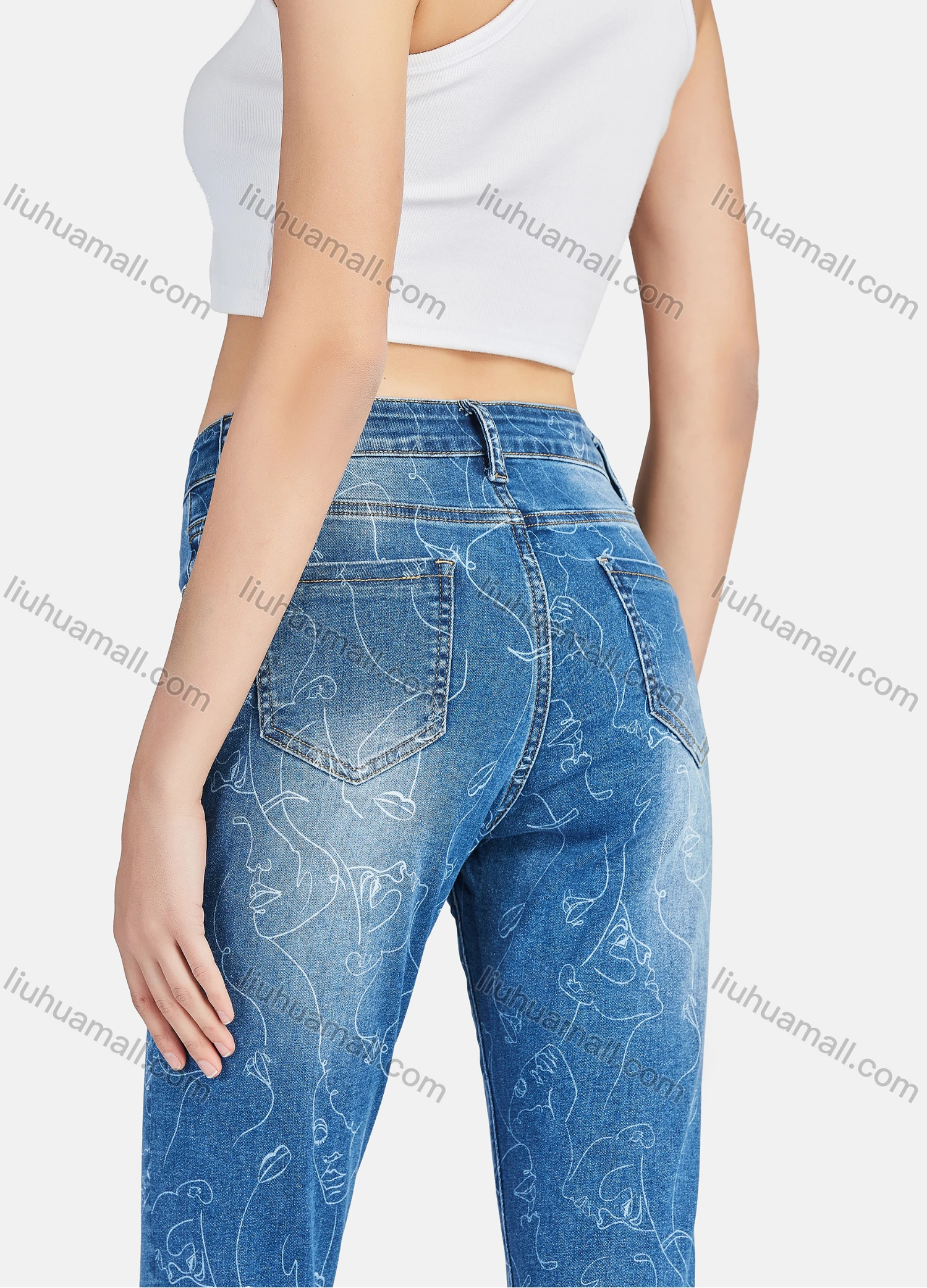 Wholesale Women's Casual Portrait Lines Distressed High Waist Skinny Fit Jean - Liuhuamall