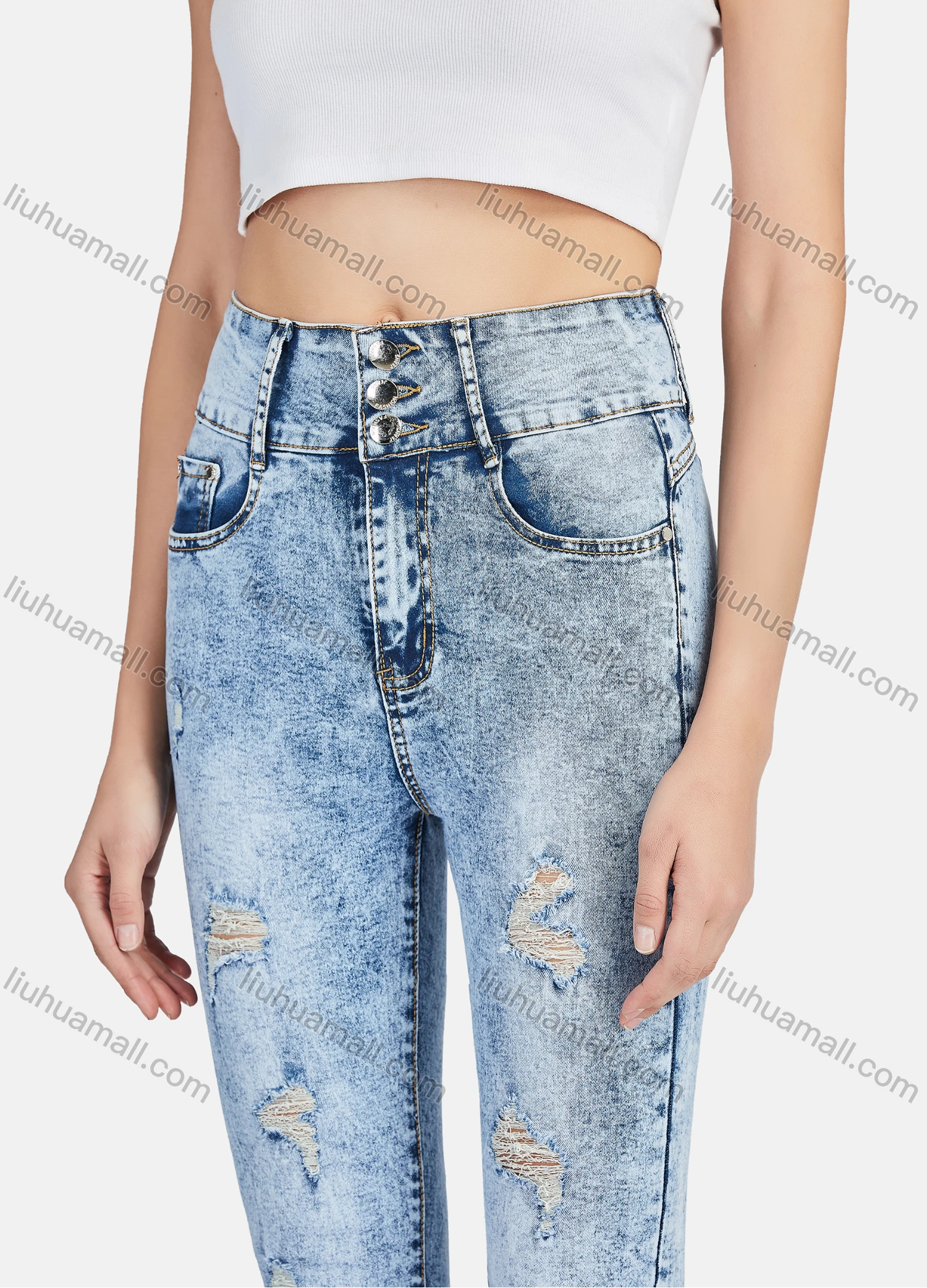 Wholesale Women's Casual Ripped Distressed High Waist Skinny Fit Jean - Liuhuamall