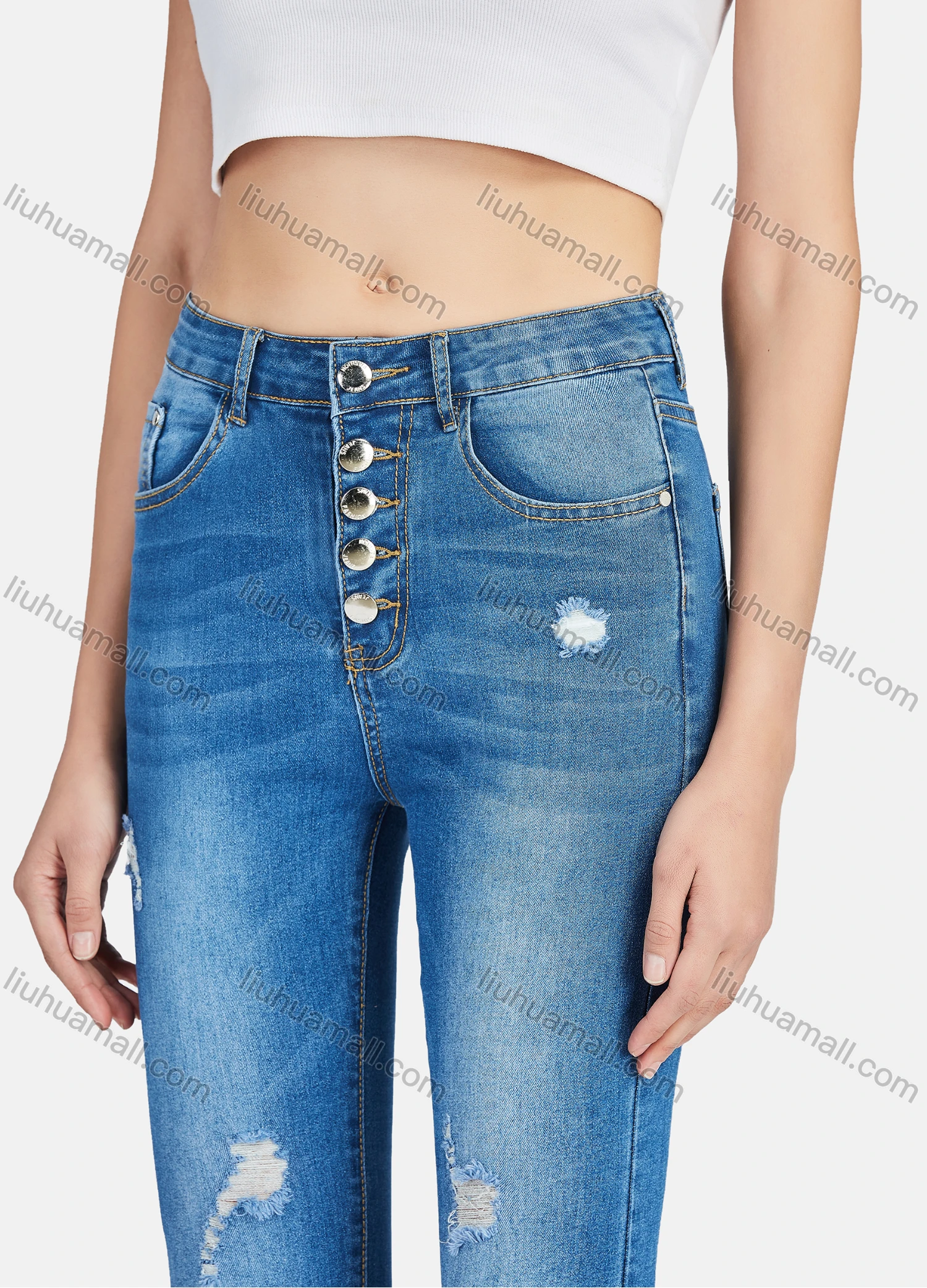 Wholesale Women's Casual Single Breasted Ripped Distressed High Waist Skinny Fit Jean - Liuhuamall