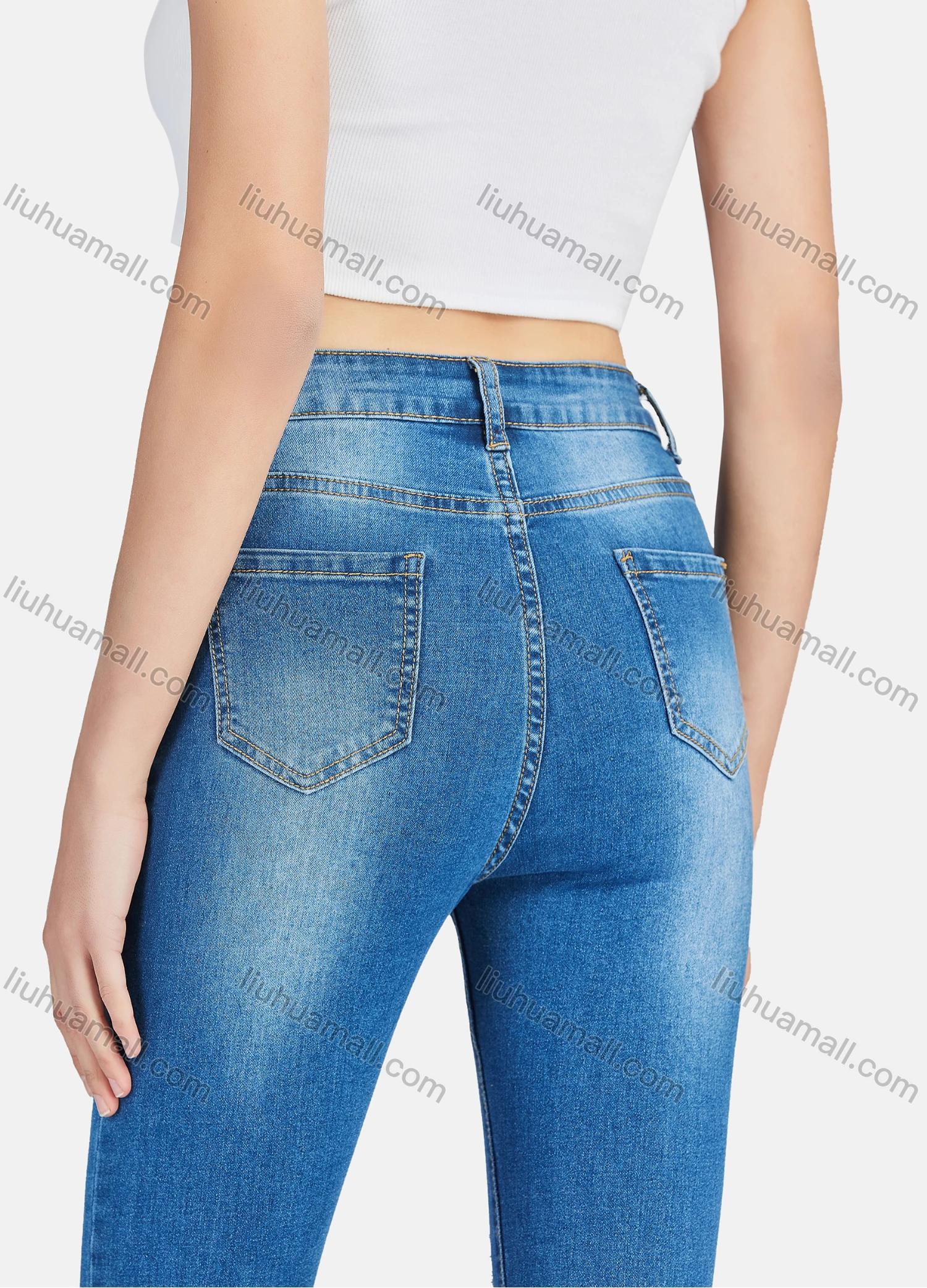 Wholesale Women's Casual Single Breasted Ripped Distressed High Waist Skinny Fit Jean - Liuhuamall