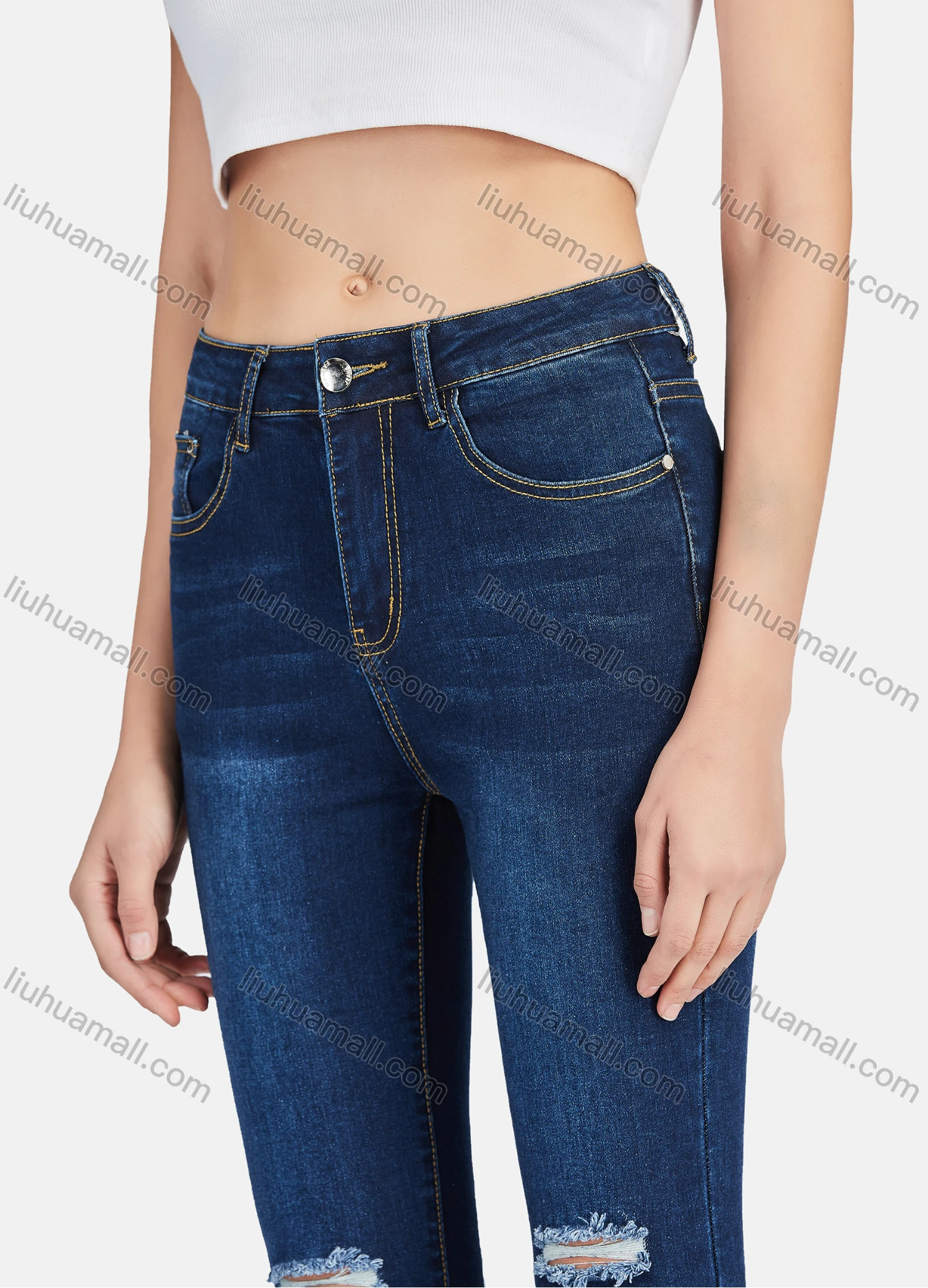 Wholesale Women's Casual Ripped Distressed High Waist Skinny Fit Jean - Liuhuamall