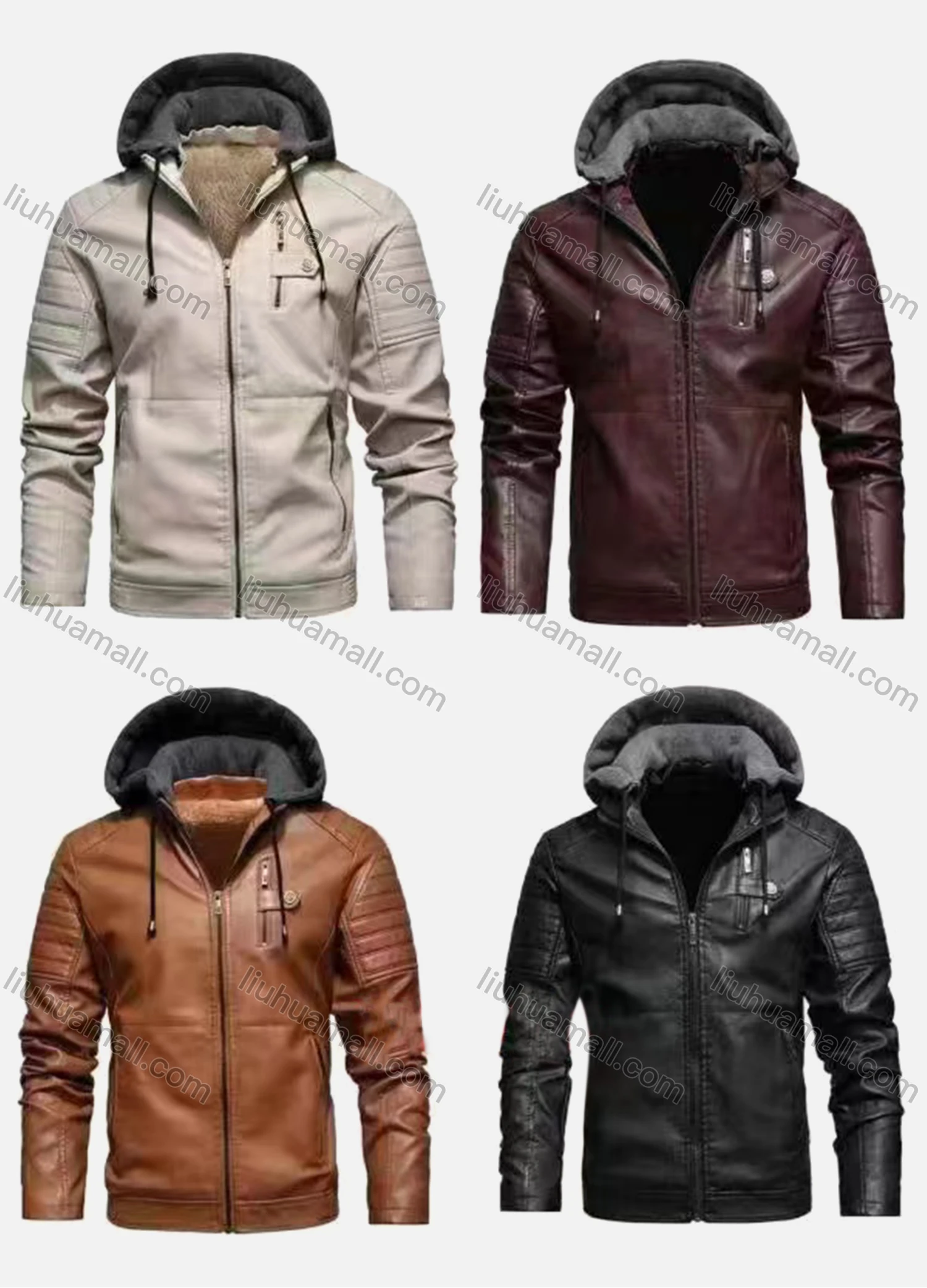 Wholesale Men's Casual Hooded Long Sleeve Thermal Lined Leather Jacket - Liuhuamall