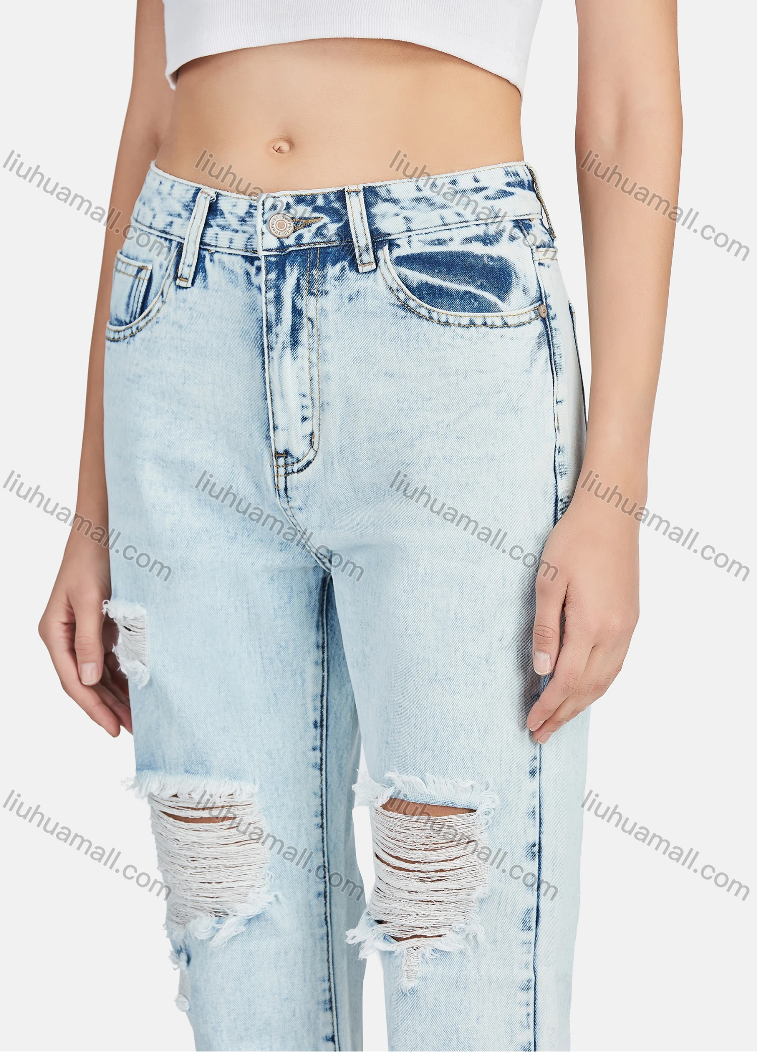 Wholesale Women's Casual Ripped High Waist Straight Leg Ankle Length Jean - Liuhuamall