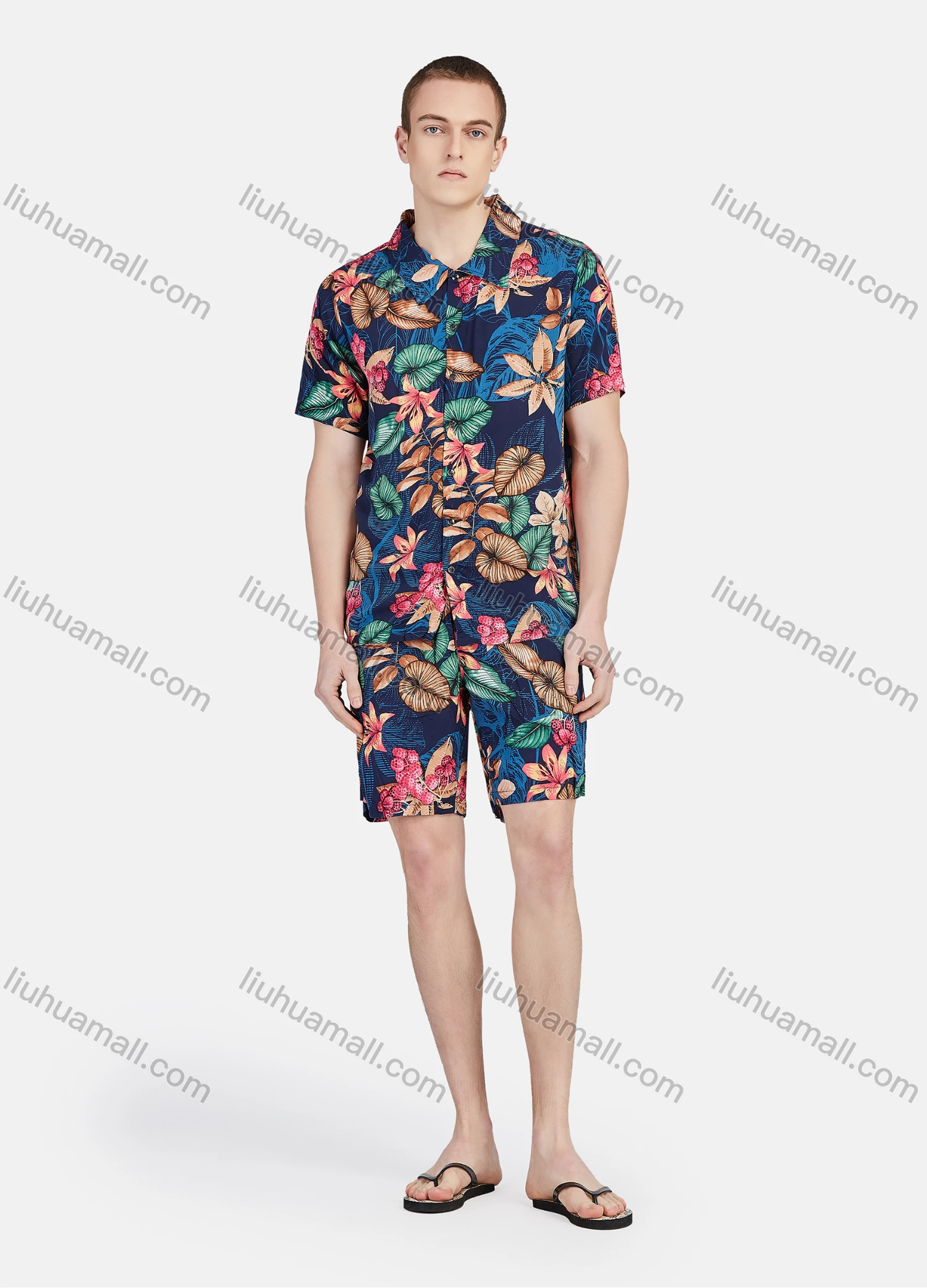 Wholesale Men's Vacation Button Down Short Sleeve Allover Tropical Floral Print 2 Piece Set - Liuhuamall