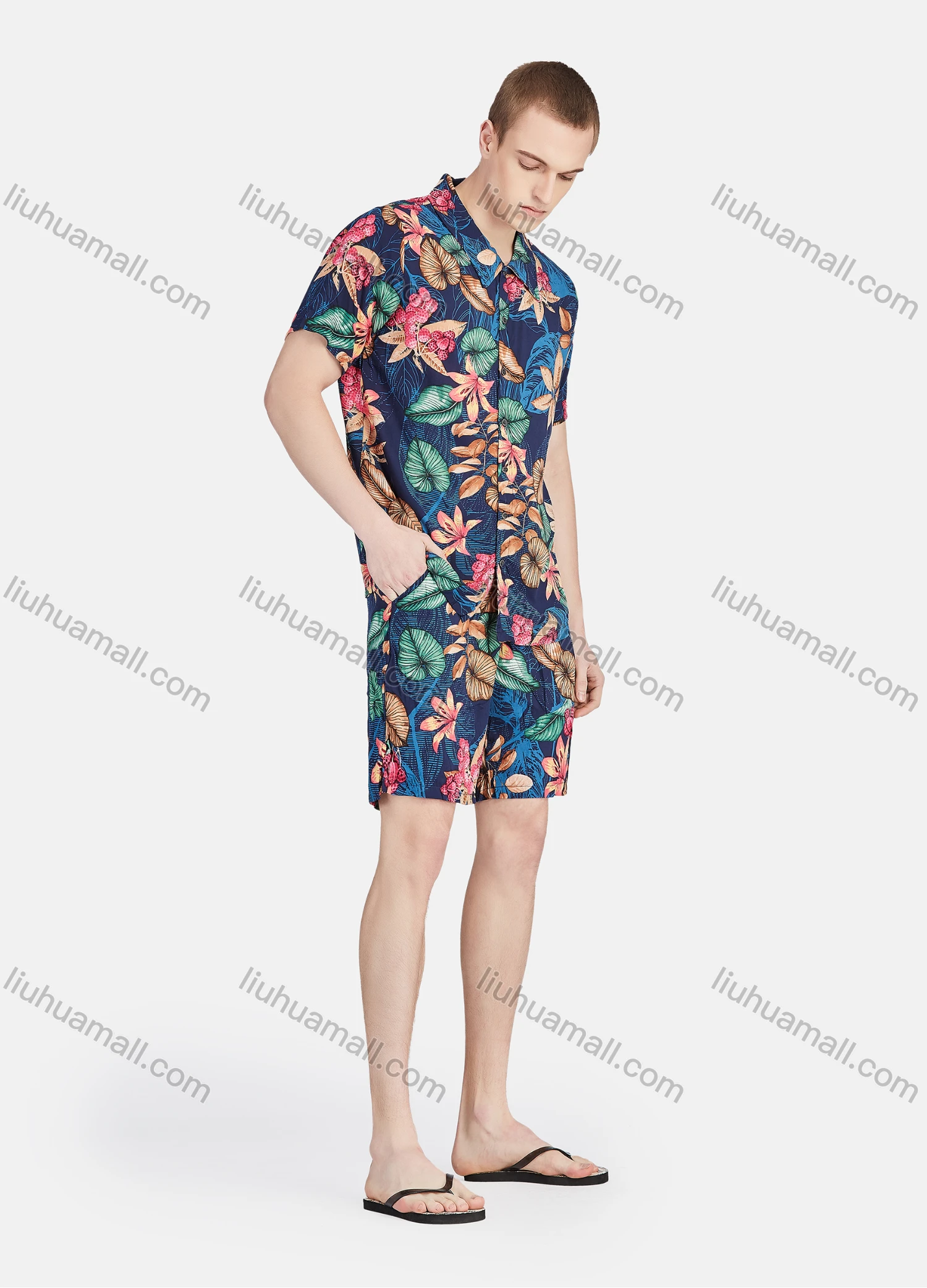 Wholesale Men's Vacation Button Down Short Sleeve Allover Tropical Floral Print 2 Piece Set - Liuhuamall