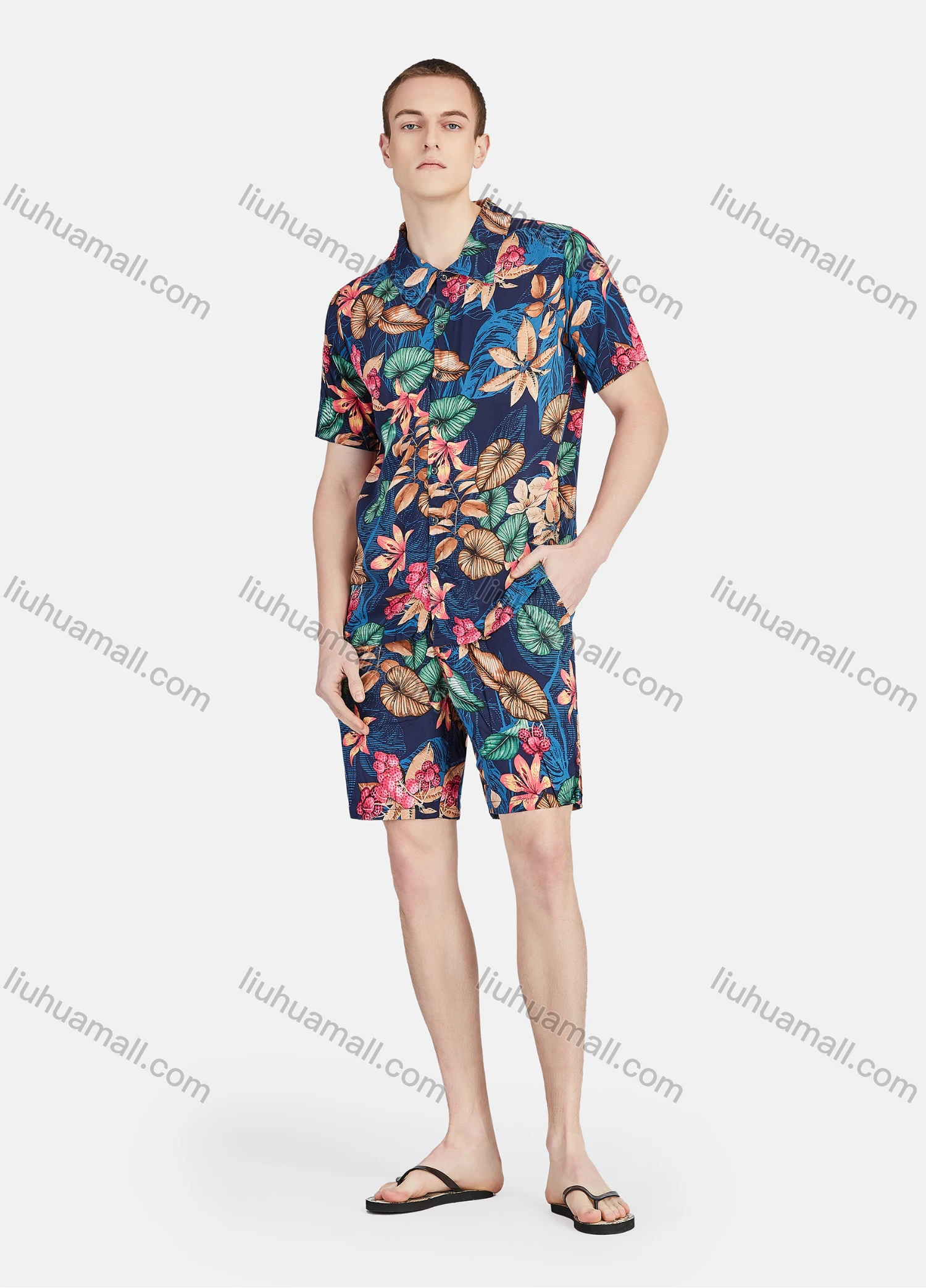 Wholesale Men's Vacation Button Down Short Sleeve Allover Tropical Floral Print 2 Piece Set - Liuhuamall