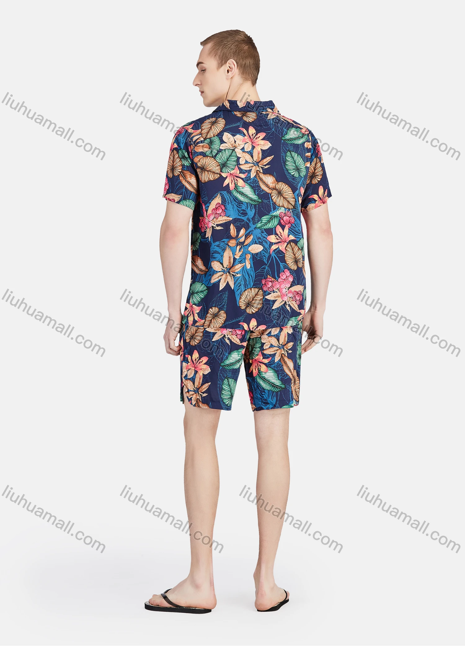 Wholesale Men's Vacation Button Down Short Sleeve Allover Tropical Floral Print 2 Piece Set - Liuhuamall