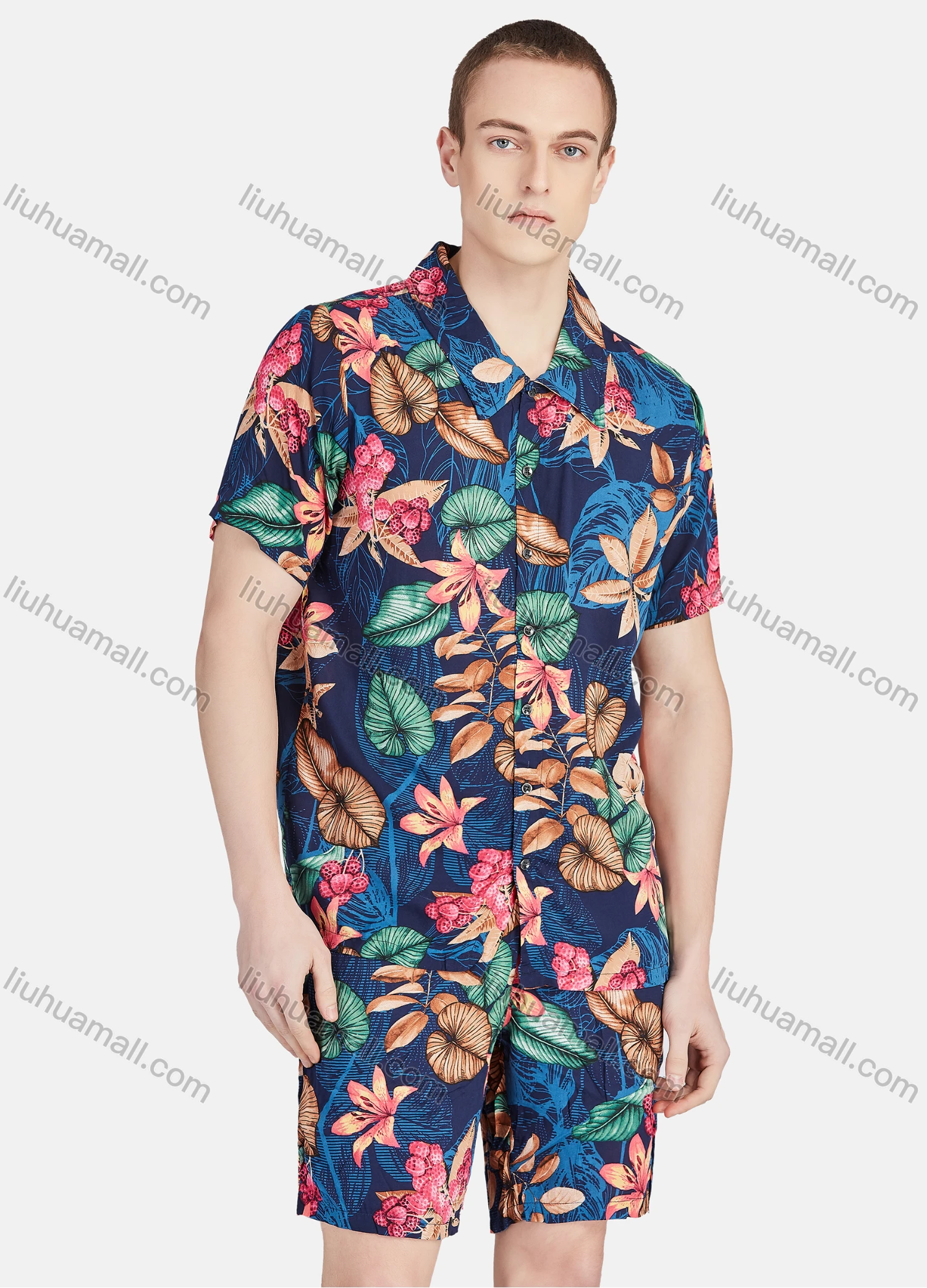 Wholesale Men's Vacation Button Down Short Sleeve Allover Tropical Floral Print 2 Piece Set - Liuhuamall