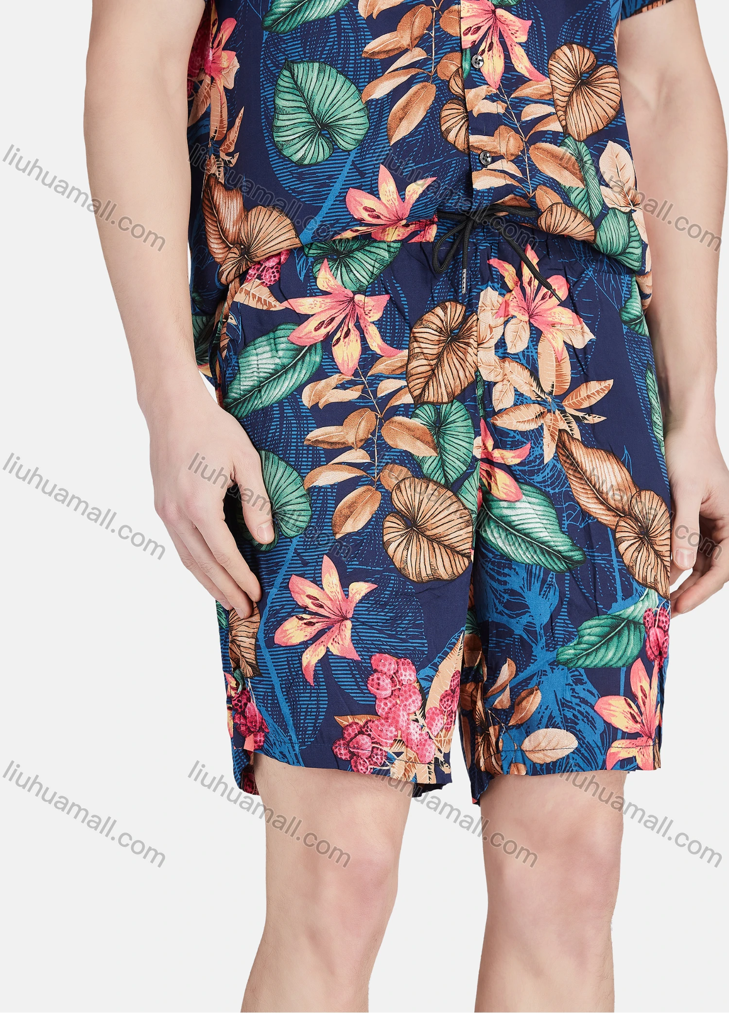 Wholesale Men's Vacation Button Down Short Sleeve Allover Tropical Floral Print 2 Piece Set - Liuhuamall