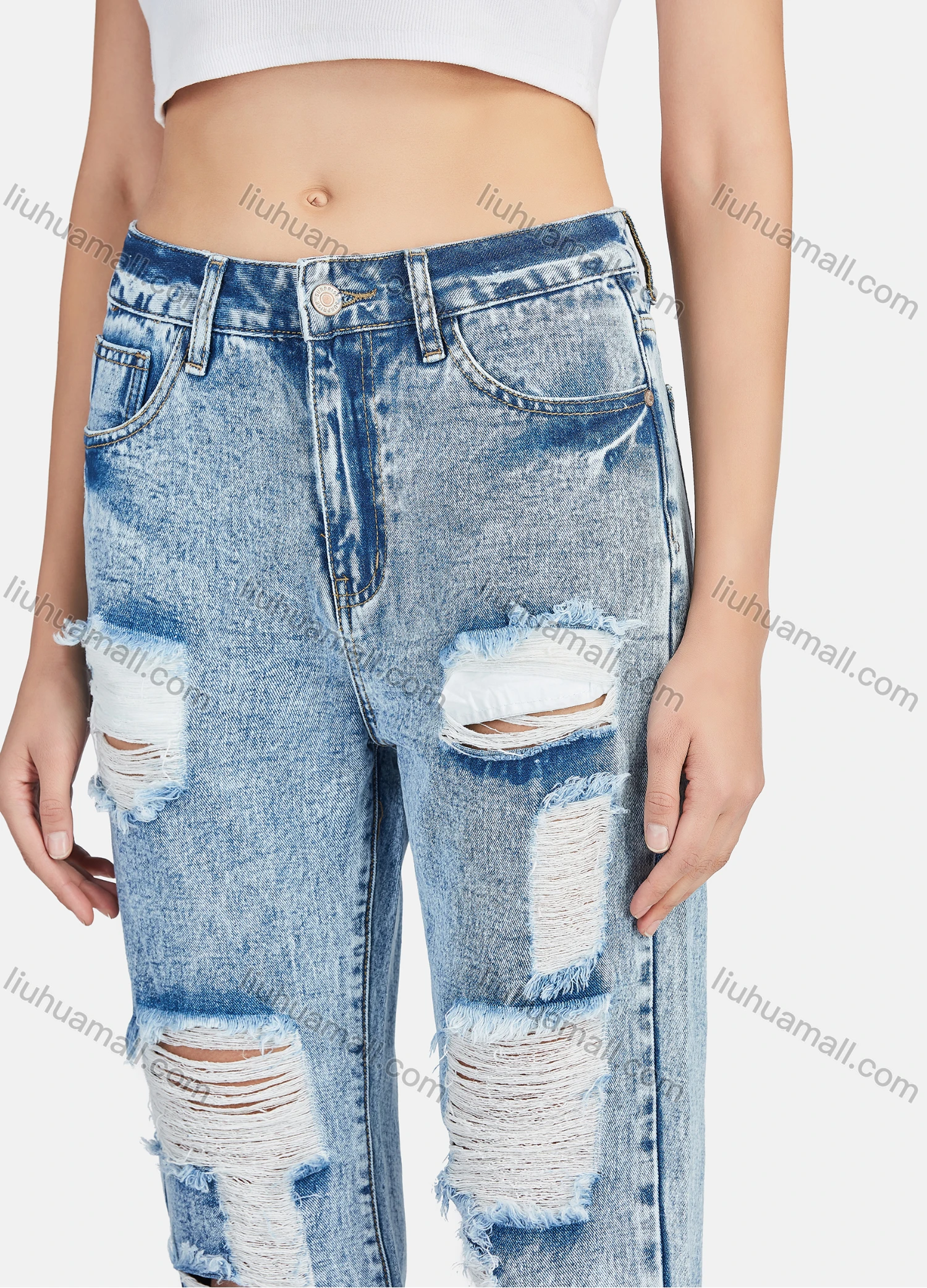 Wholesale Women's Casual Ripped High Waist Straight Leg Ankle Length Jean - Liuhuamall