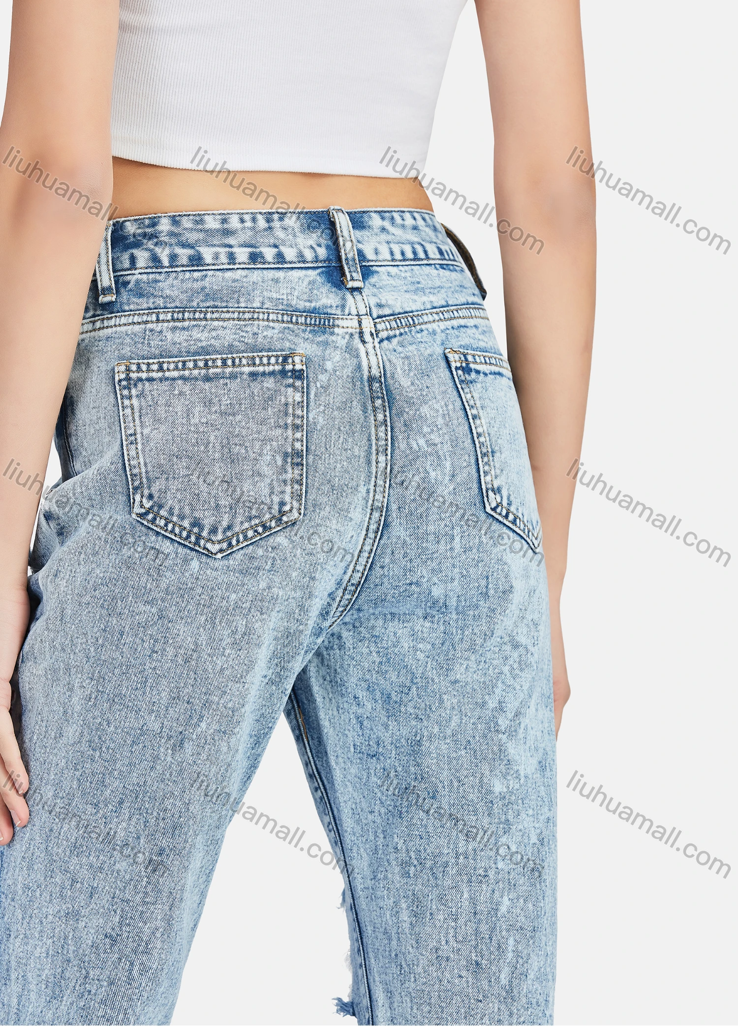 Wholesale Women's Casual Ripped High Waist Straight Leg Ankle Length Jean - Liuhuamall