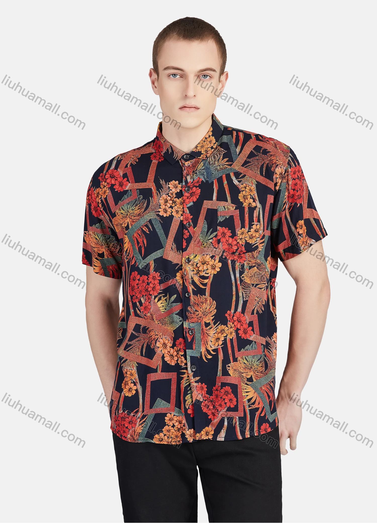 Wholesale Men's Fashion Allover Print Button Down Short Sleeve Patch Pocket Casual Shirt - Liuhuamall