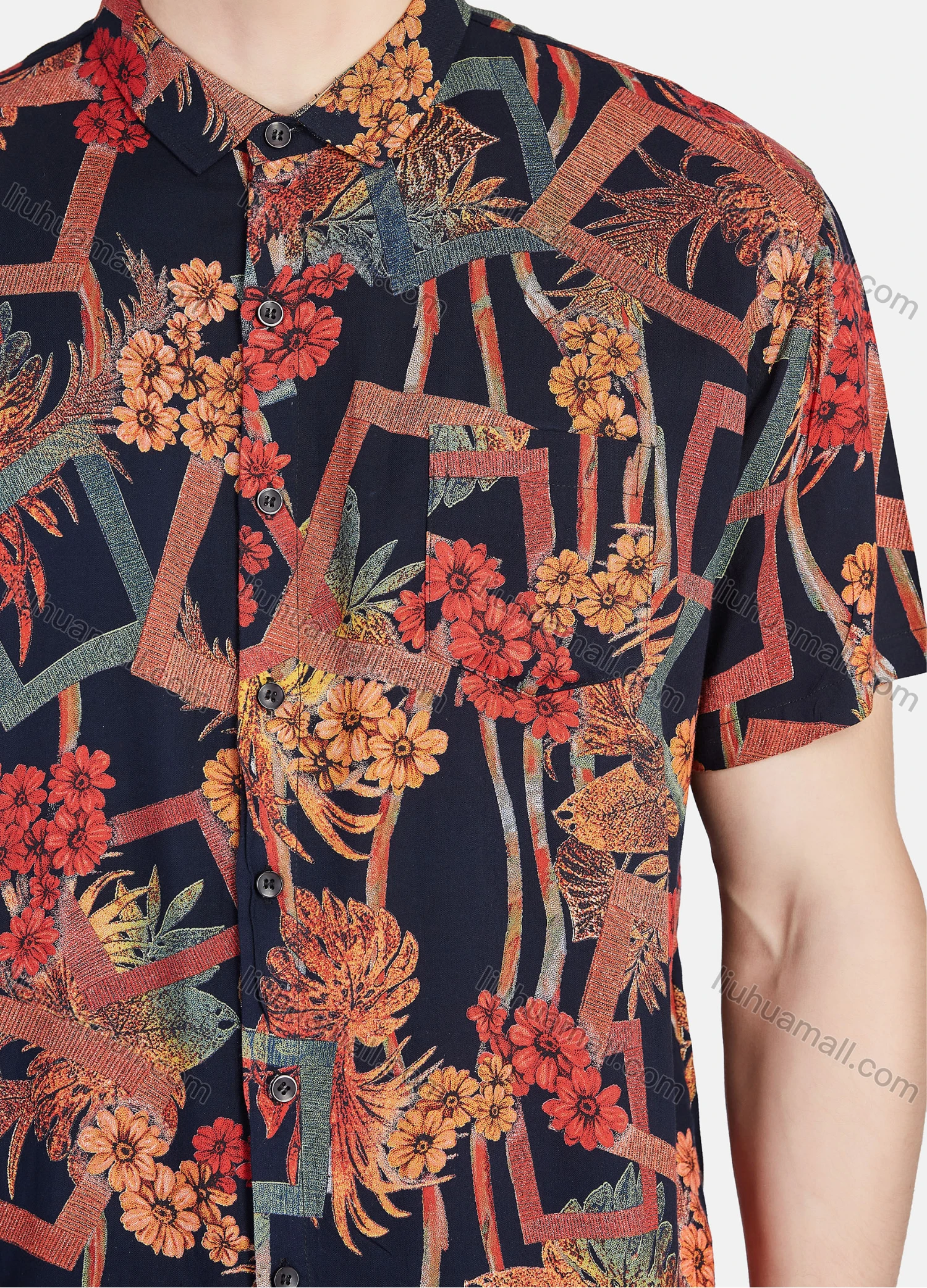 Wholesale Men's Fashion Allover Print Button Down Short Sleeve Patch Pocket Casual Shirt - Liuhuamall