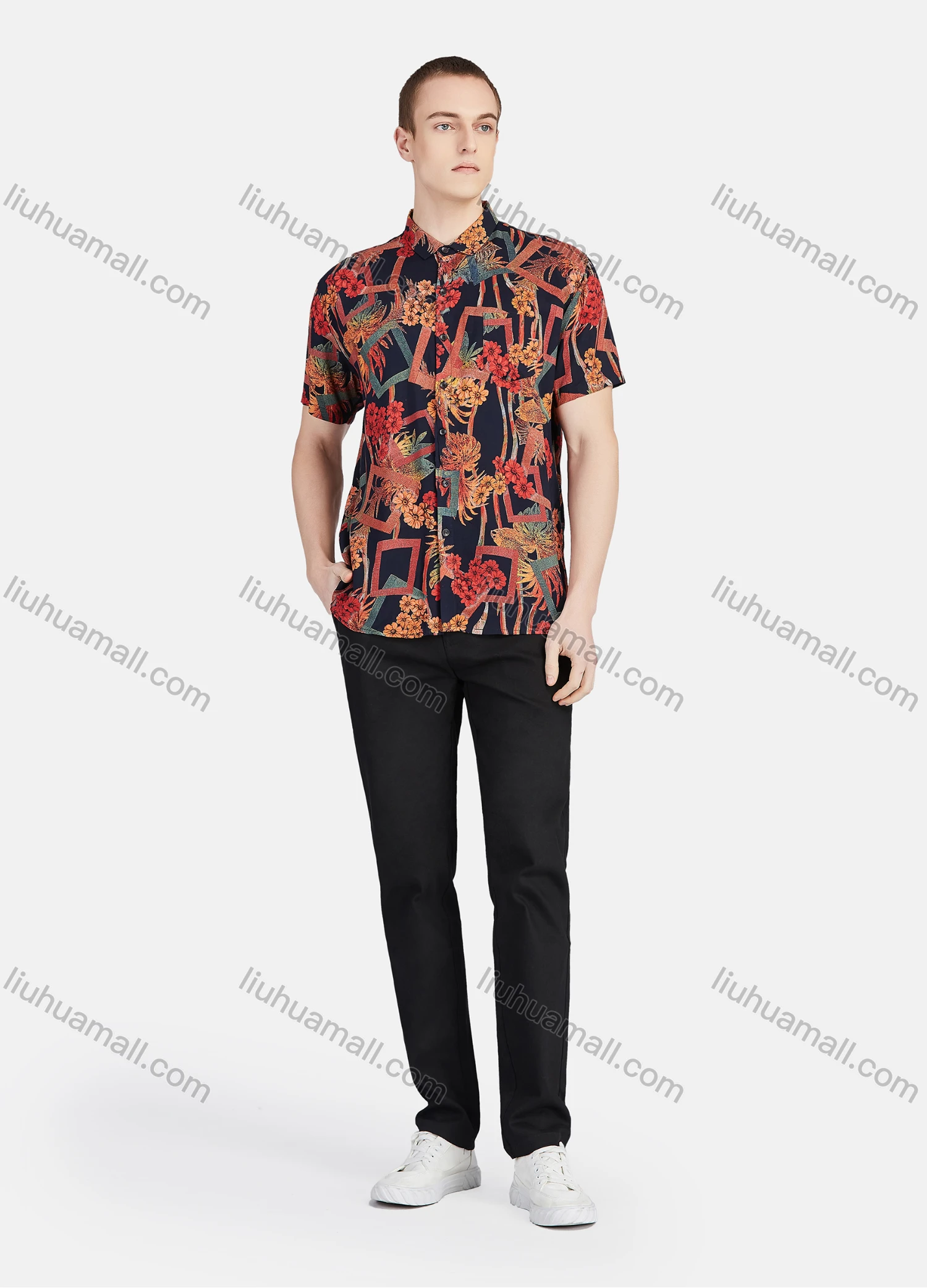 Wholesale Men's Fashion Allover Print Button Down Short Sleeve Patch Pocket Casual Shirt - Liuhuamall