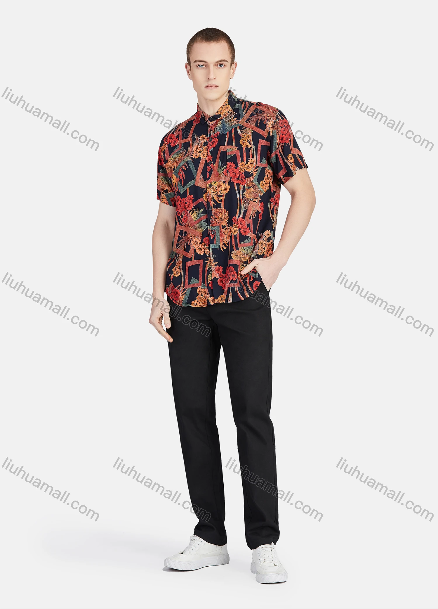 Wholesale Men's Fashion Allover Print Button Down Short Sleeve Patch Pocket Casual Shirt - Liuhuamall