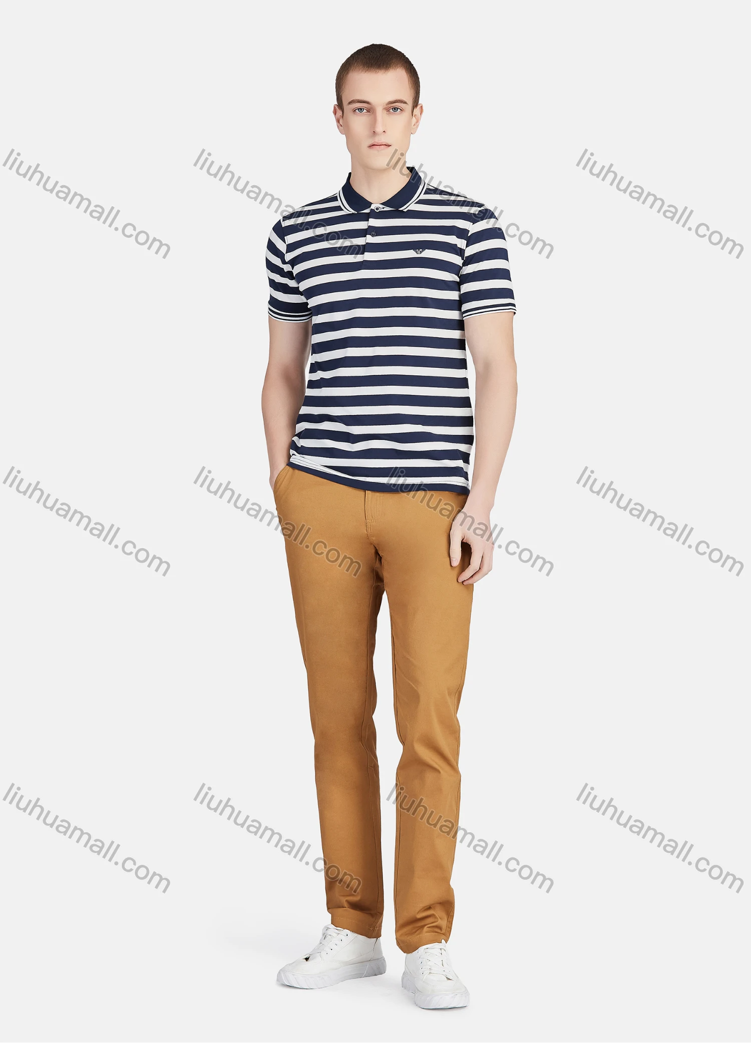Wholesale Men's Casual Short Sleeve Slim Fit Striped Embroidery Polo Shirt - Liuhuamall