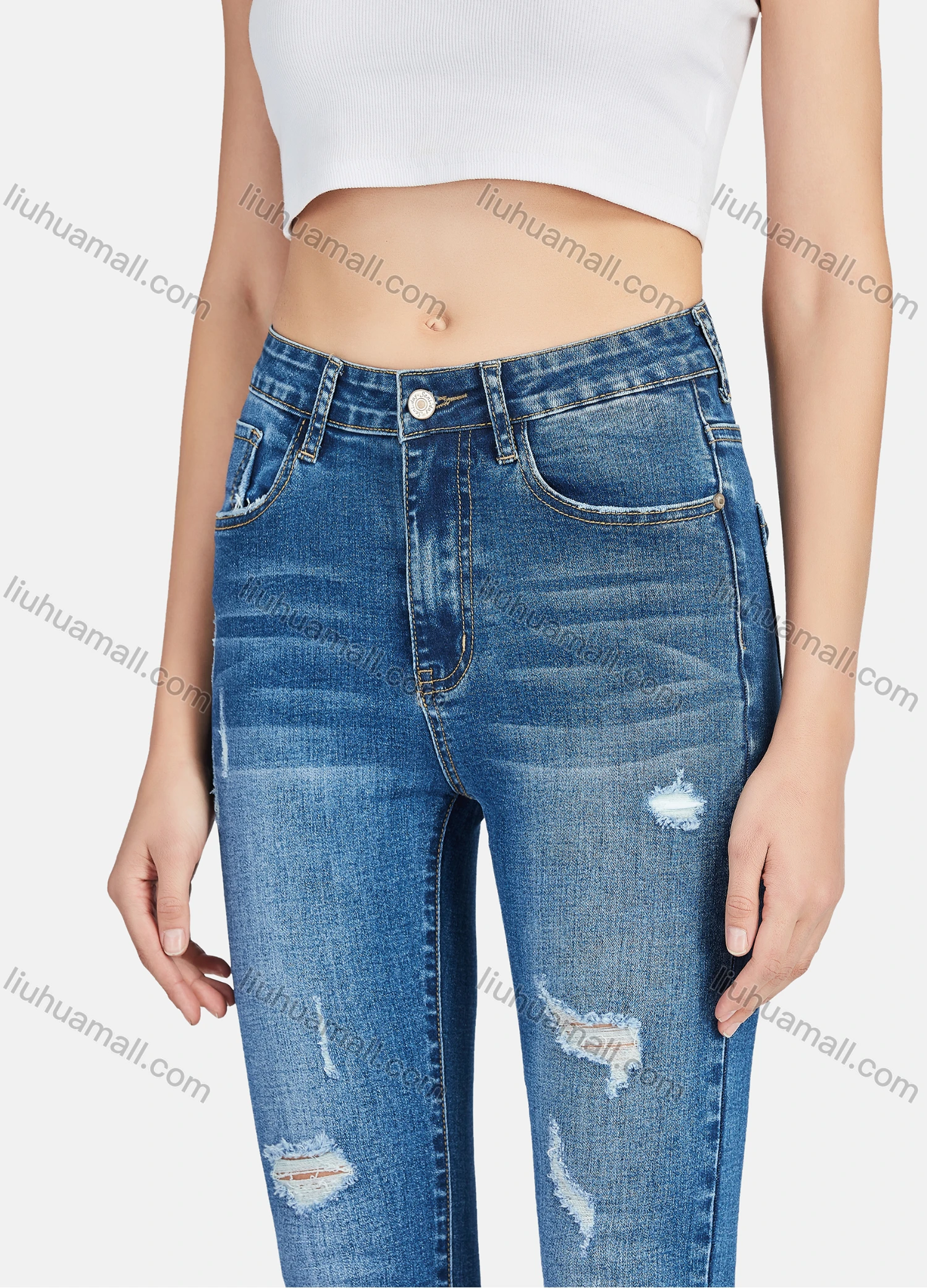 Wholesale Women's Casual Ripped Distressed High Waist Ankle Length Skinny Fit Jean - Liuhuamall