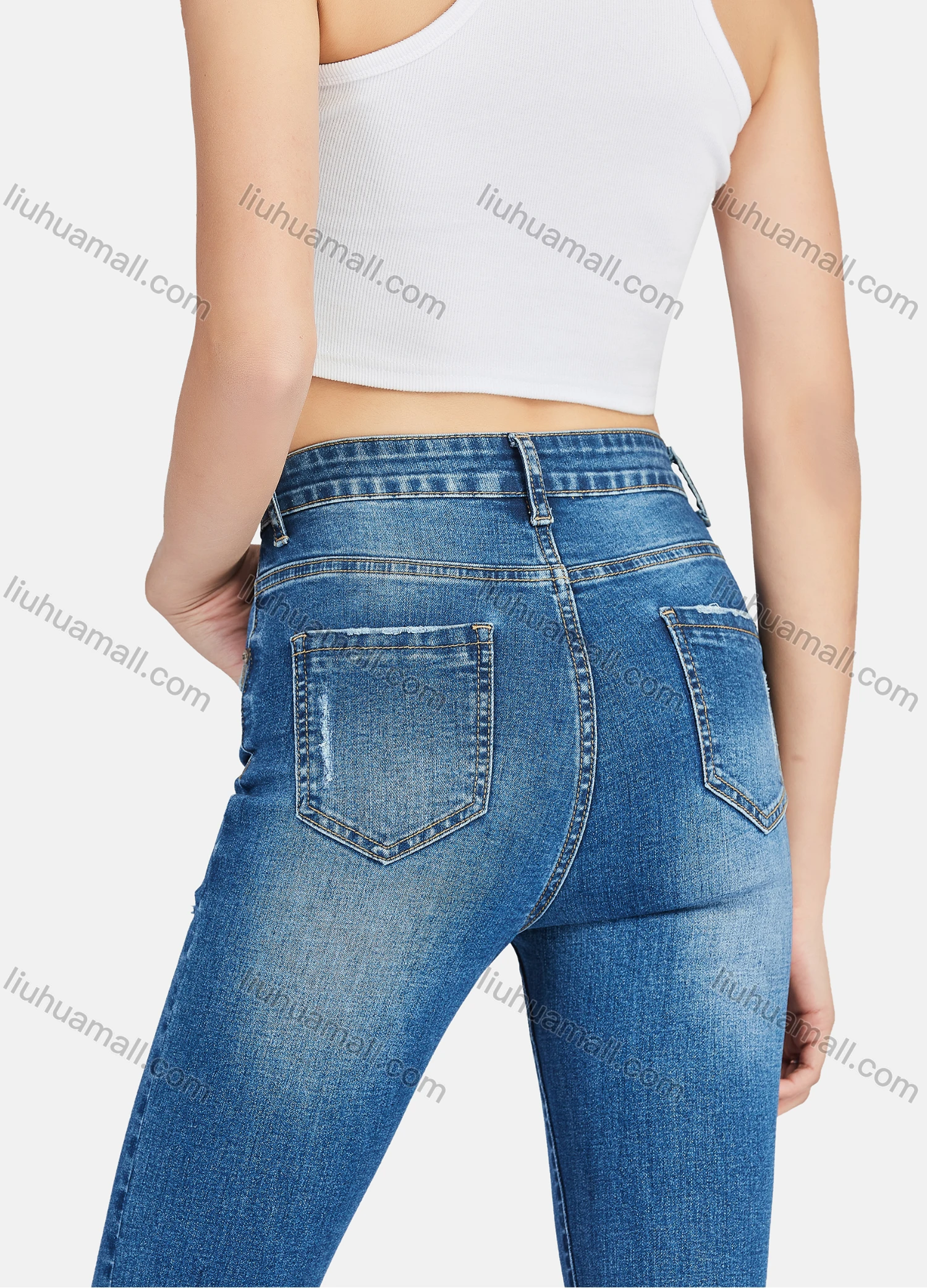 Wholesale Women's Casual Ripped Distressed High Waist Ankle Length Skinny Fit Jean - Liuhuamall