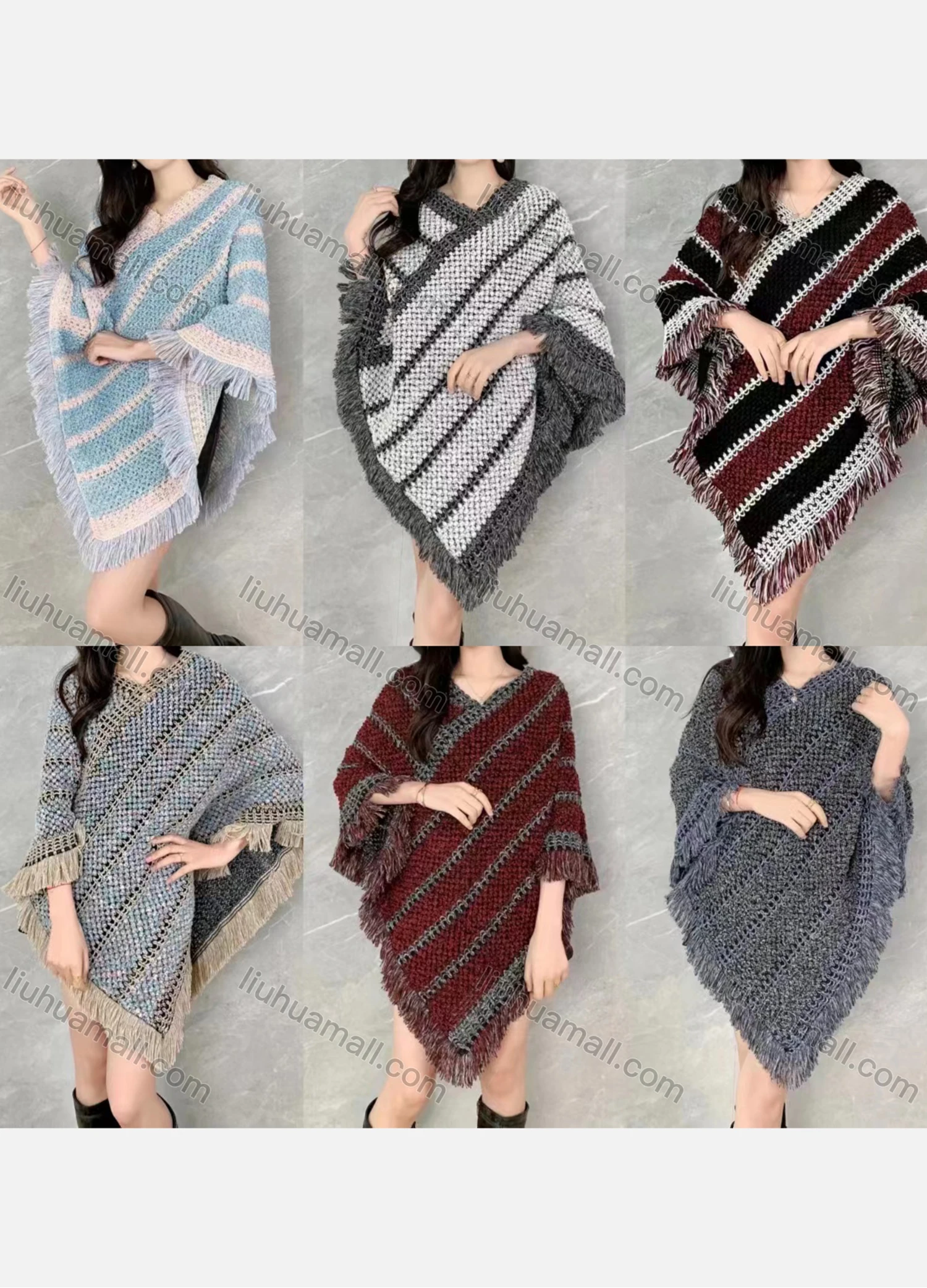 Wholesale Women's Casual Scarf Hem Striped Knit Pullover Cape - Liuhuamall