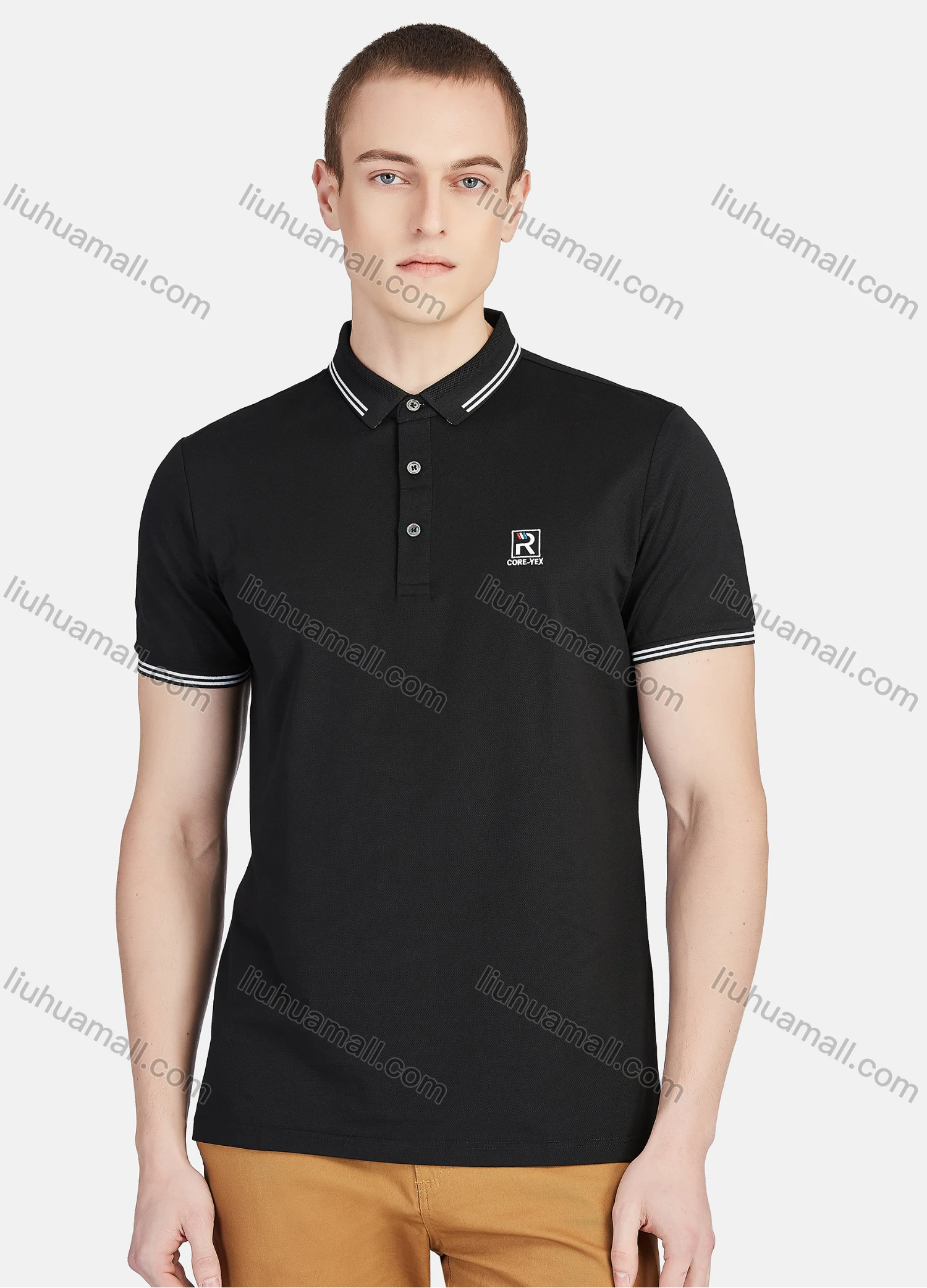 Wholesale Men's Casual Short Sleeve Slim Fit Embroidery Striped Trim Polo Shirt - Liuhuamall