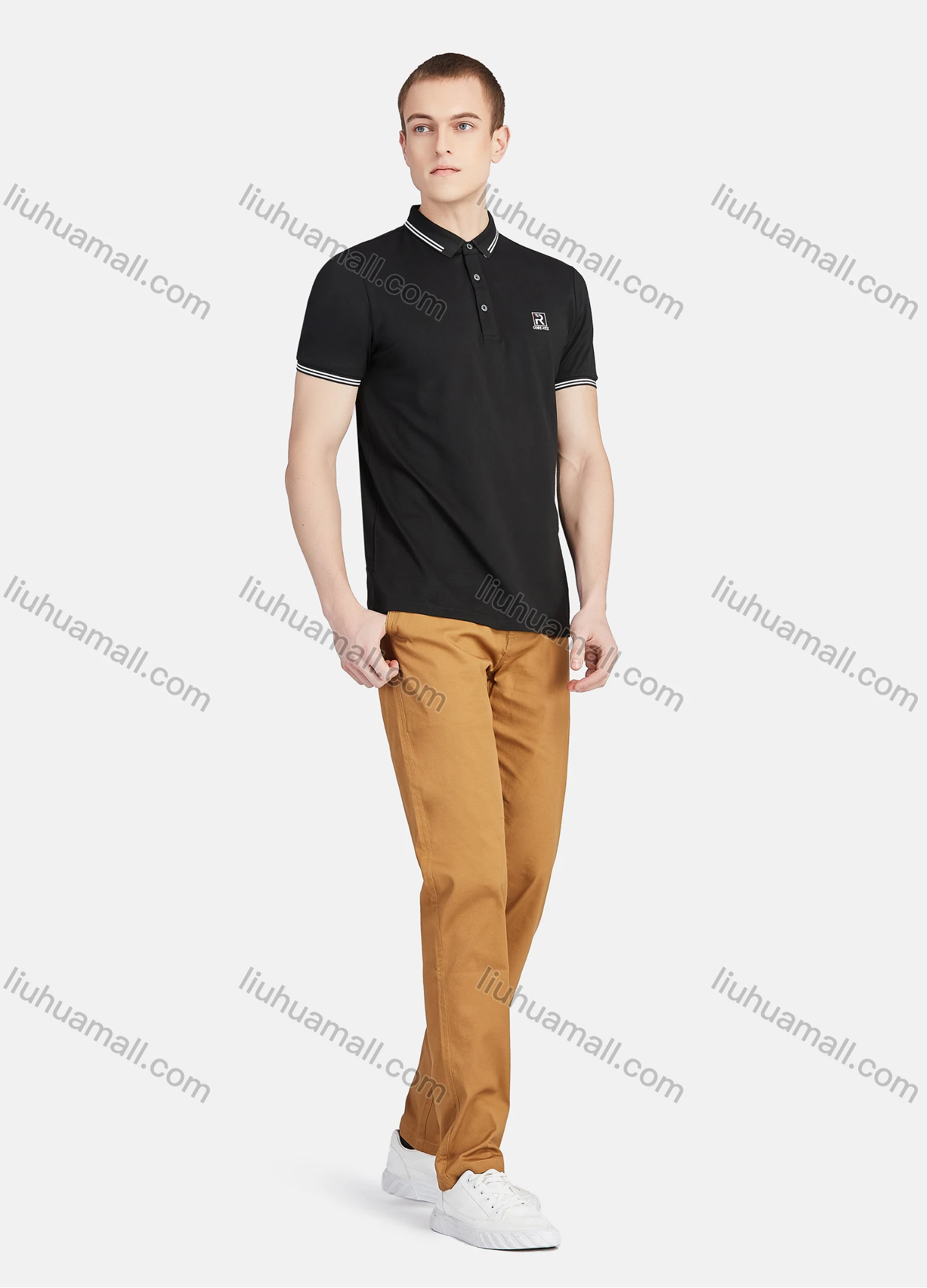 Wholesale Men's Casual Short Sleeve Slim Fit Embroidery Striped Trim Polo Shirt - Liuhuamall