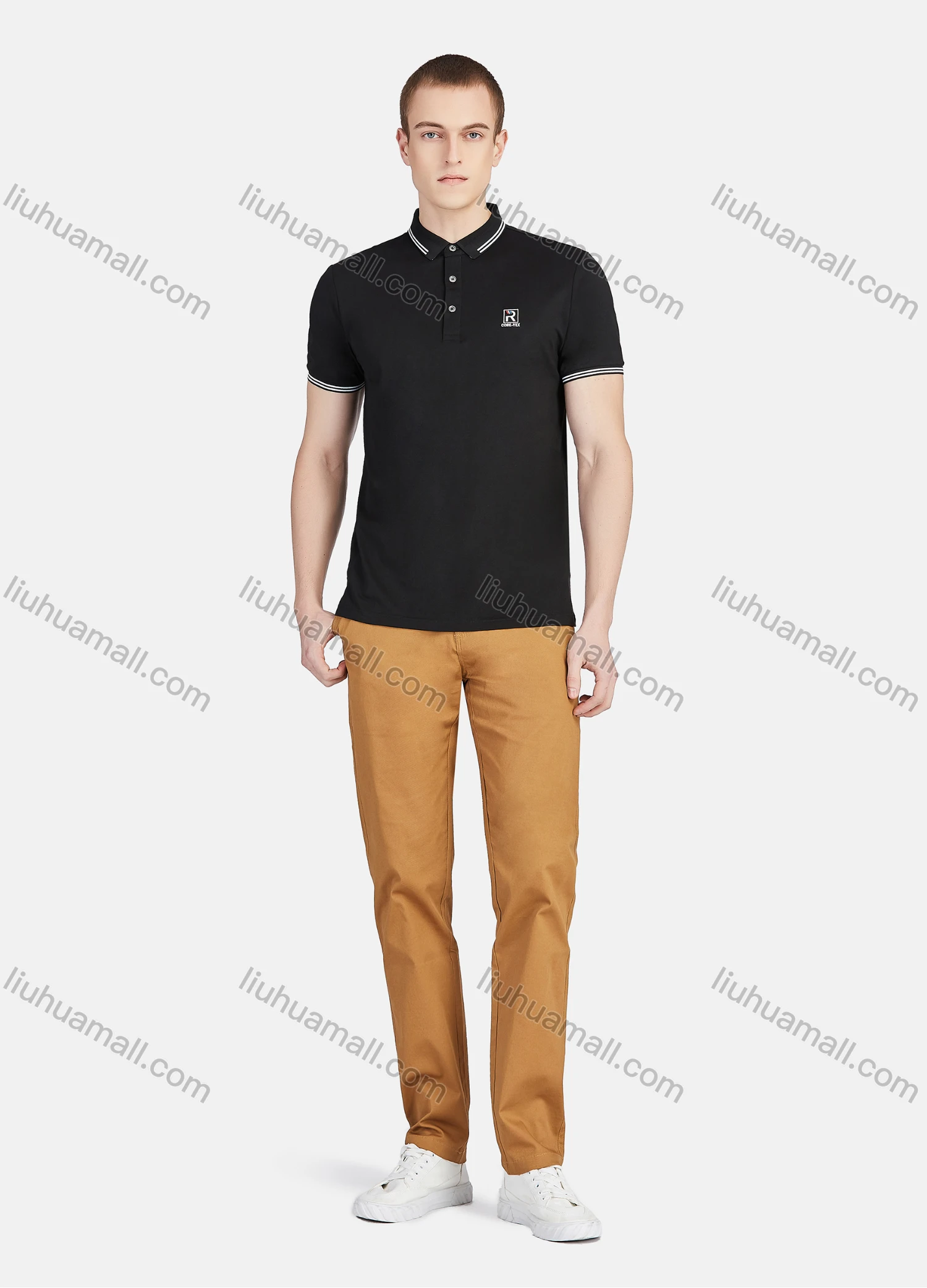 Wholesale Men's Casual Short Sleeve Slim Fit Embroidery Striped Trim Polo Shirt - Liuhuamall