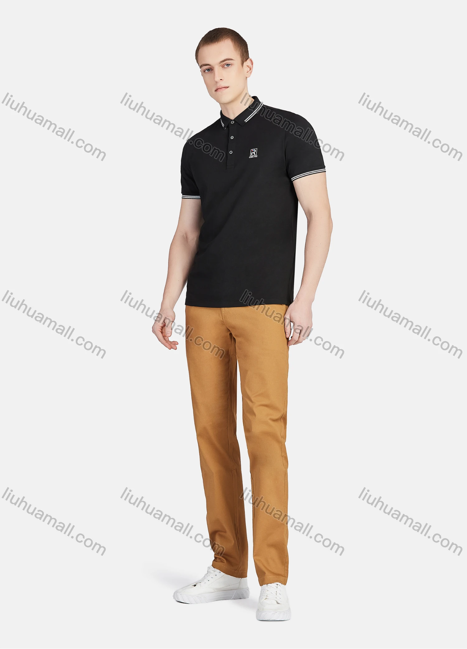 Wholesale Men's Casual Short Sleeve Slim Fit Embroidery Striped Trim Polo Shirt - Liuhuamall