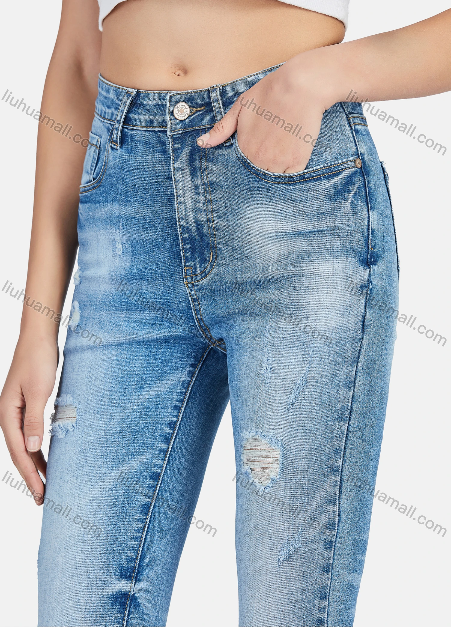 Wholesale Women's Casual Ripped Distressed High Waist Ankle Length Skinny Fit Jean - Liuhuamall