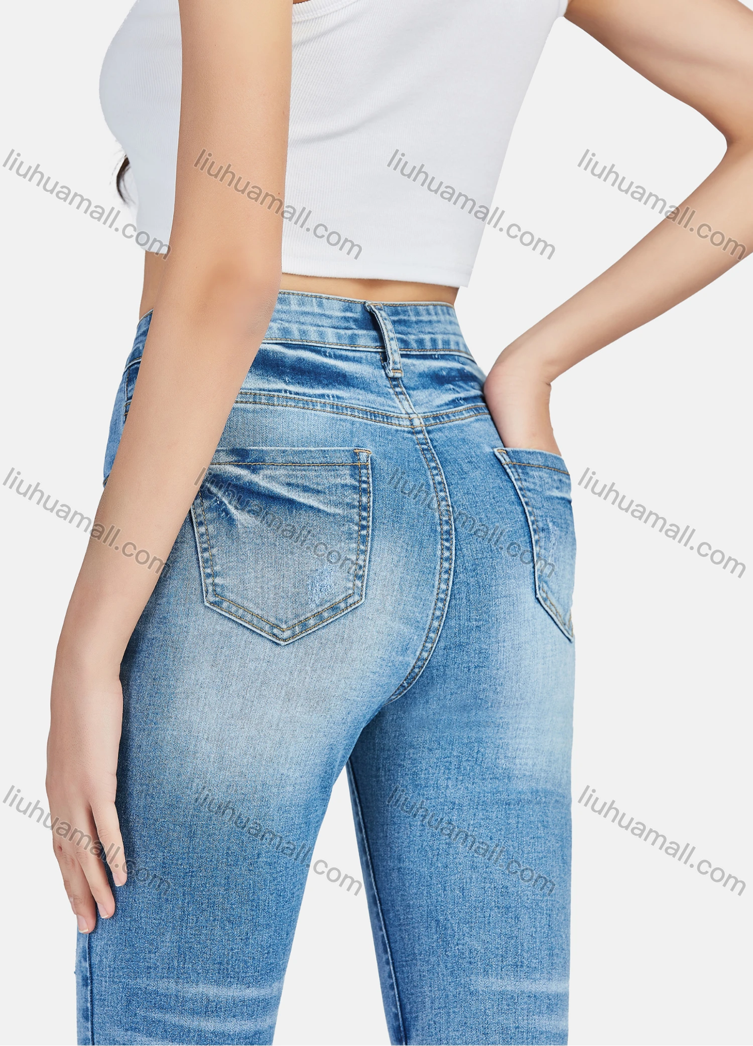 Wholesale Women's Casual Ripped Distressed High Waist Ankle Length Skinny Fit Jean - Liuhuamall