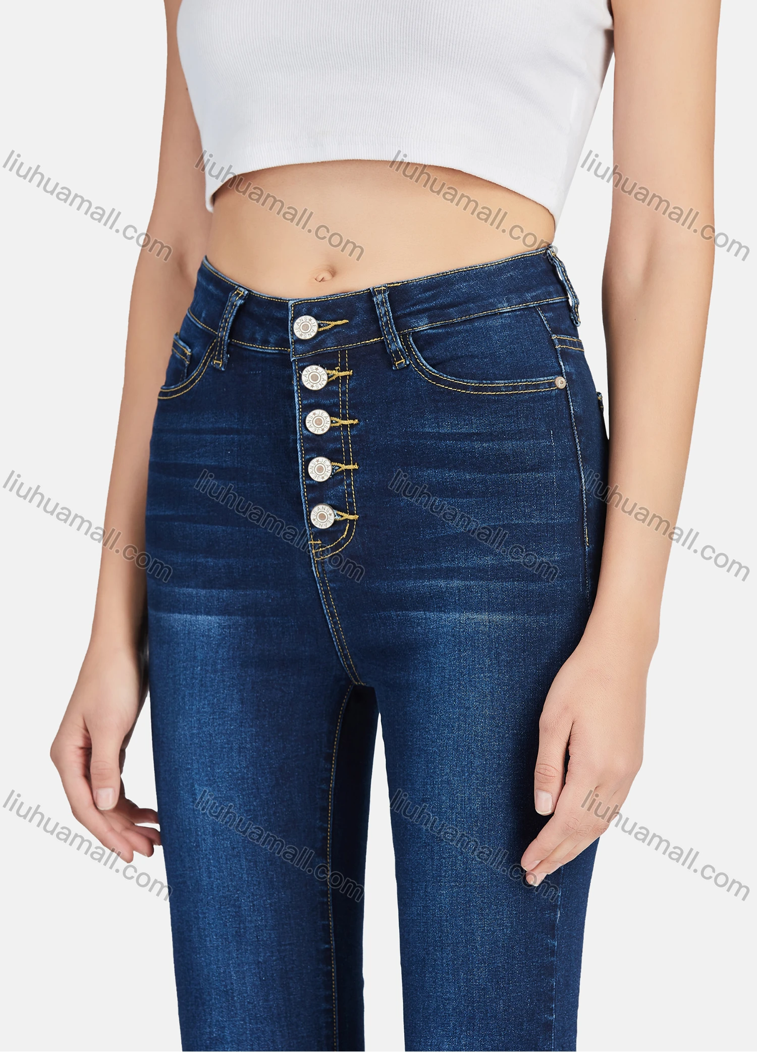 Wholesale Women's Casual High Waist Single Breasted Ankle Length Flared Leg Jean - Liuhuamall