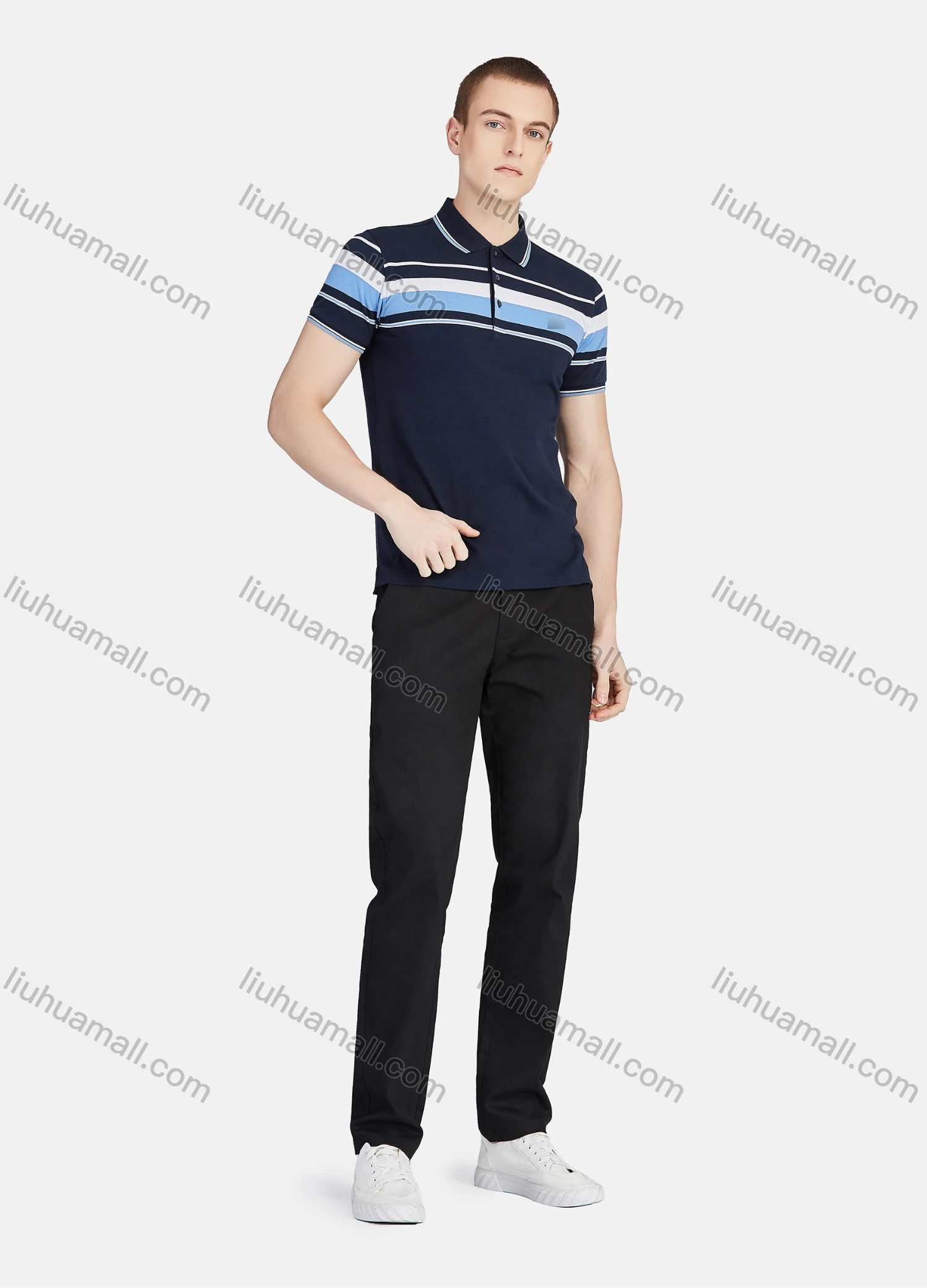 Wholesale Men's Casual Striped Colorblock Slim Fit Short Sleeve Embroidery Polo Shirt - Liuhuamall