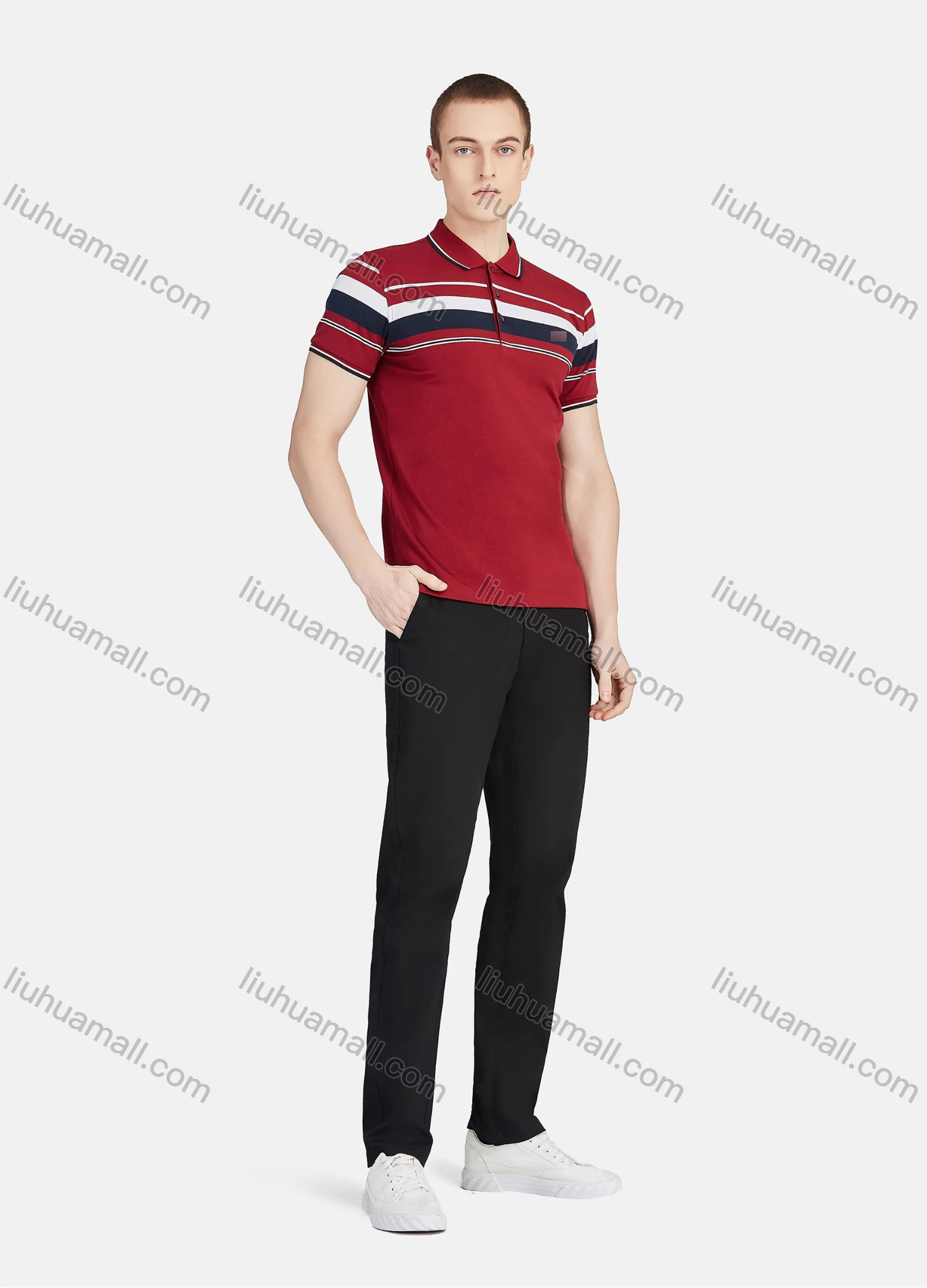 Wholesale Men's Casual Striped Colorblock Slim Fit Short Sleeve Embroidery Polo Shirt - Liuhuamall
