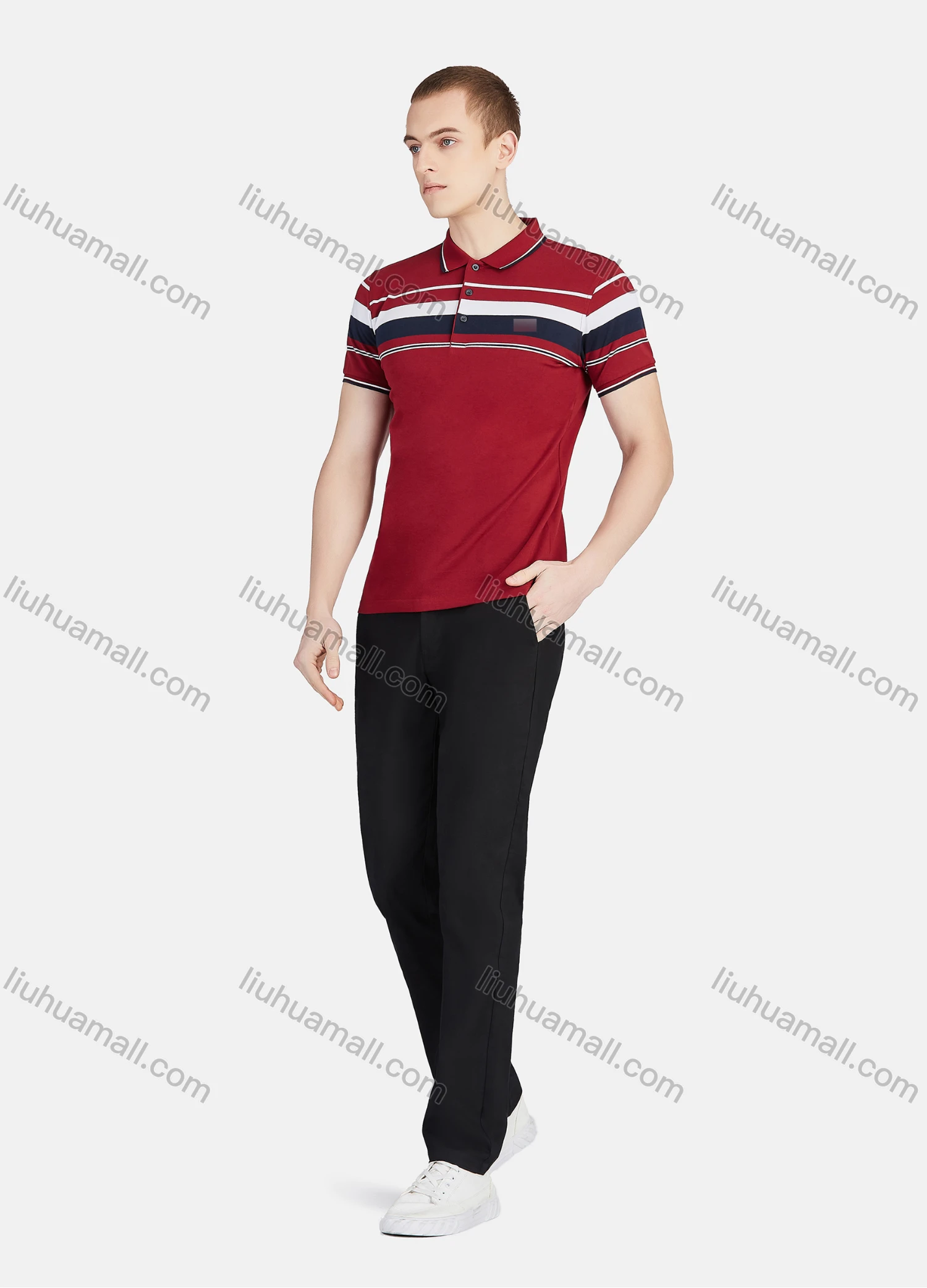 Wholesale Men's Casual Striped Colorblock Slim Fit Short Sleeve Embroidery Polo Shirt - Liuhuamall