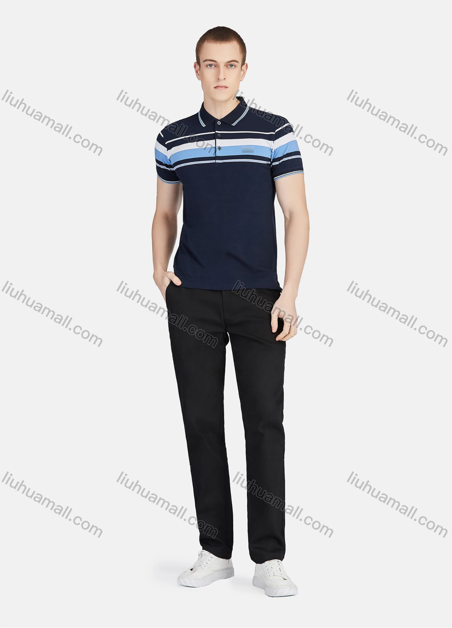 Wholesale Men's Casual Striped Colorblock Slim Fit Short Sleeve Embroidery Polo Shirt - Liuhuamall
