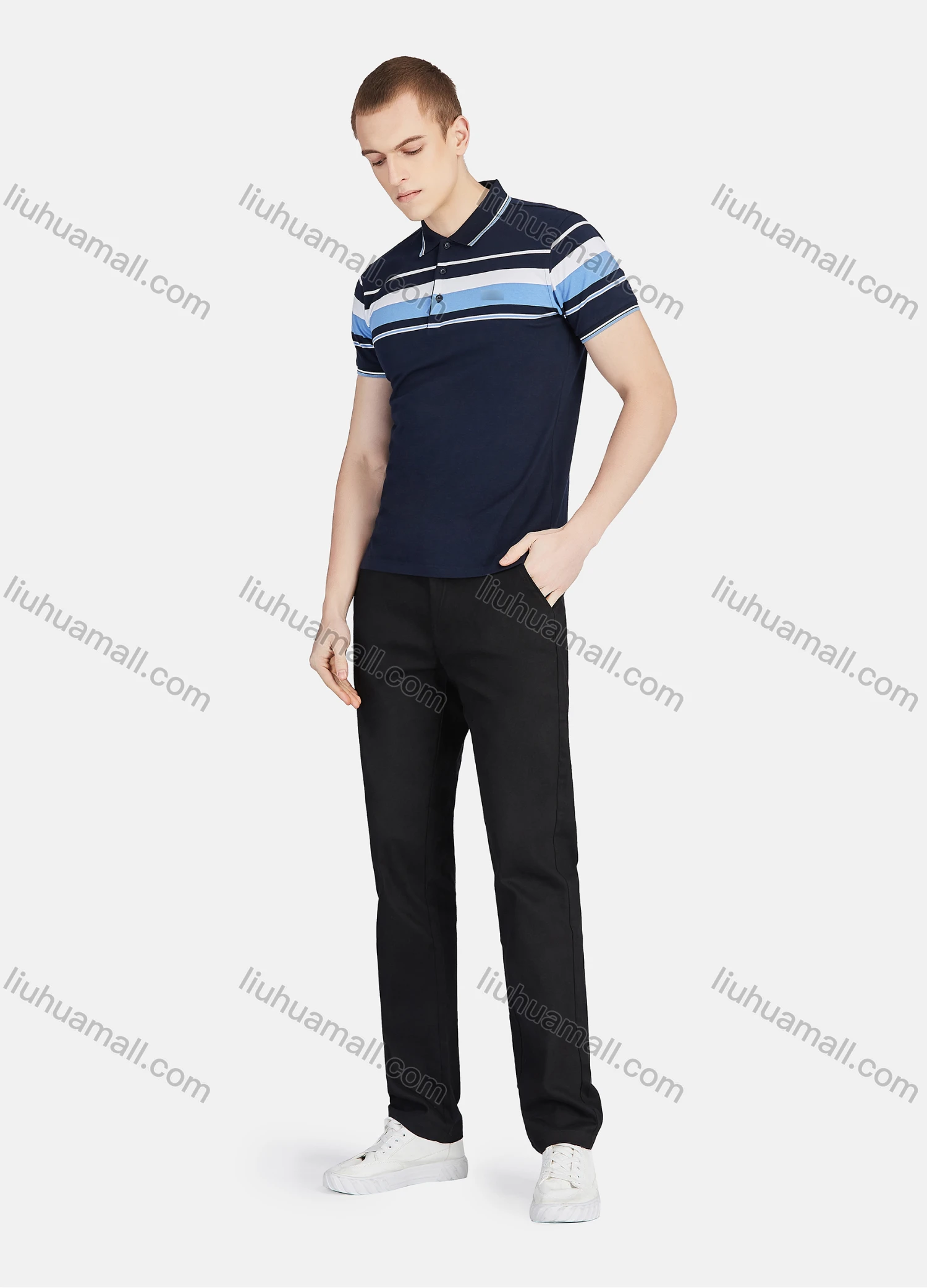 Wholesale Men's Casual Striped Colorblock Slim Fit Short Sleeve Embroidery Polo Shirt - Liuhuamall