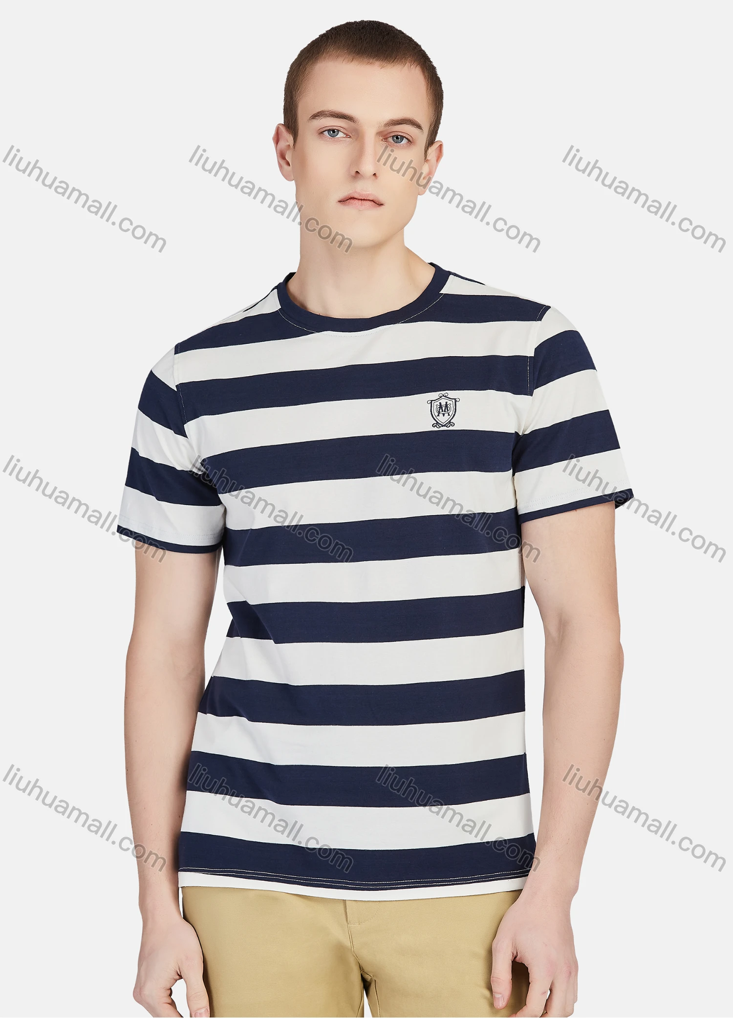Wholesale Men's Round Neck Short Sleeve Striped Embroidery Casual T-shirt - Liuhuamall