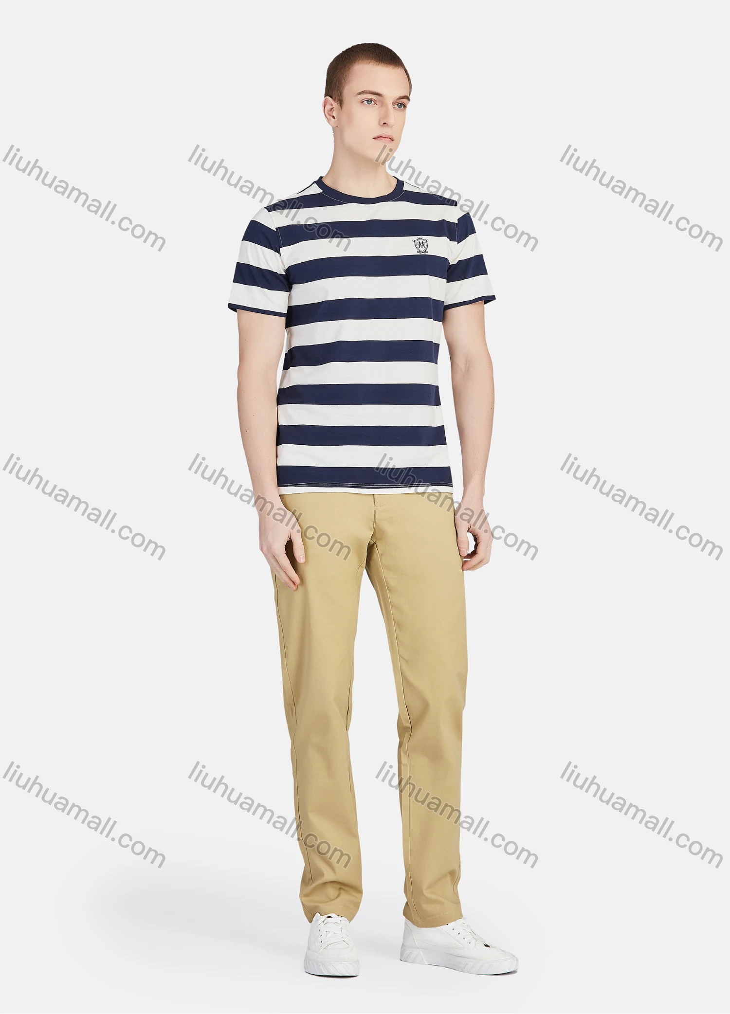 Wholesale Men's Round Neck Short Sleeve Striped Embroidery Casual T-shirt - Liuhuamall