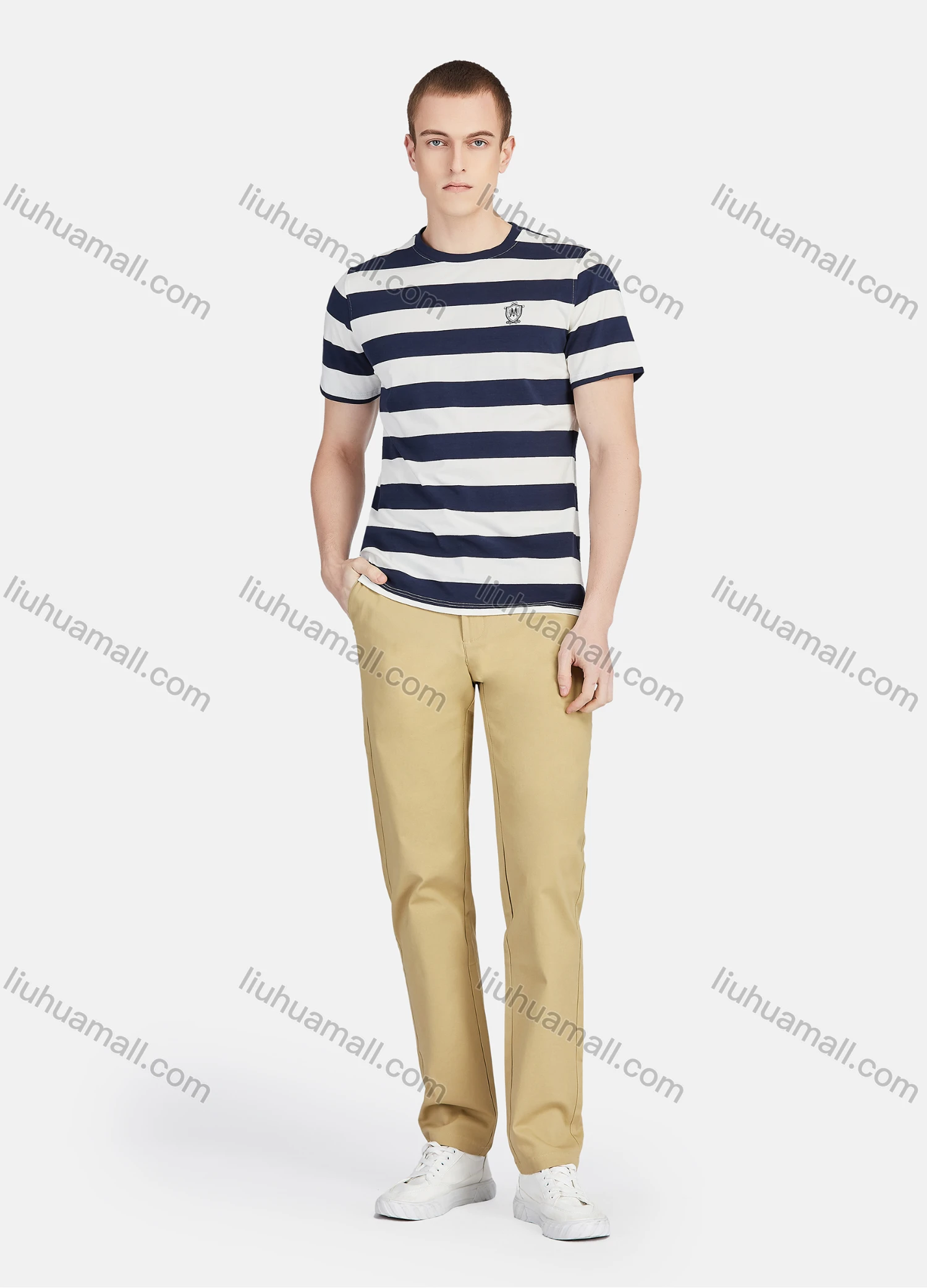 Wholesale Men's Round Neck Short Sleeve Striped Embroidery Casual T-shirt - Liuhuamall