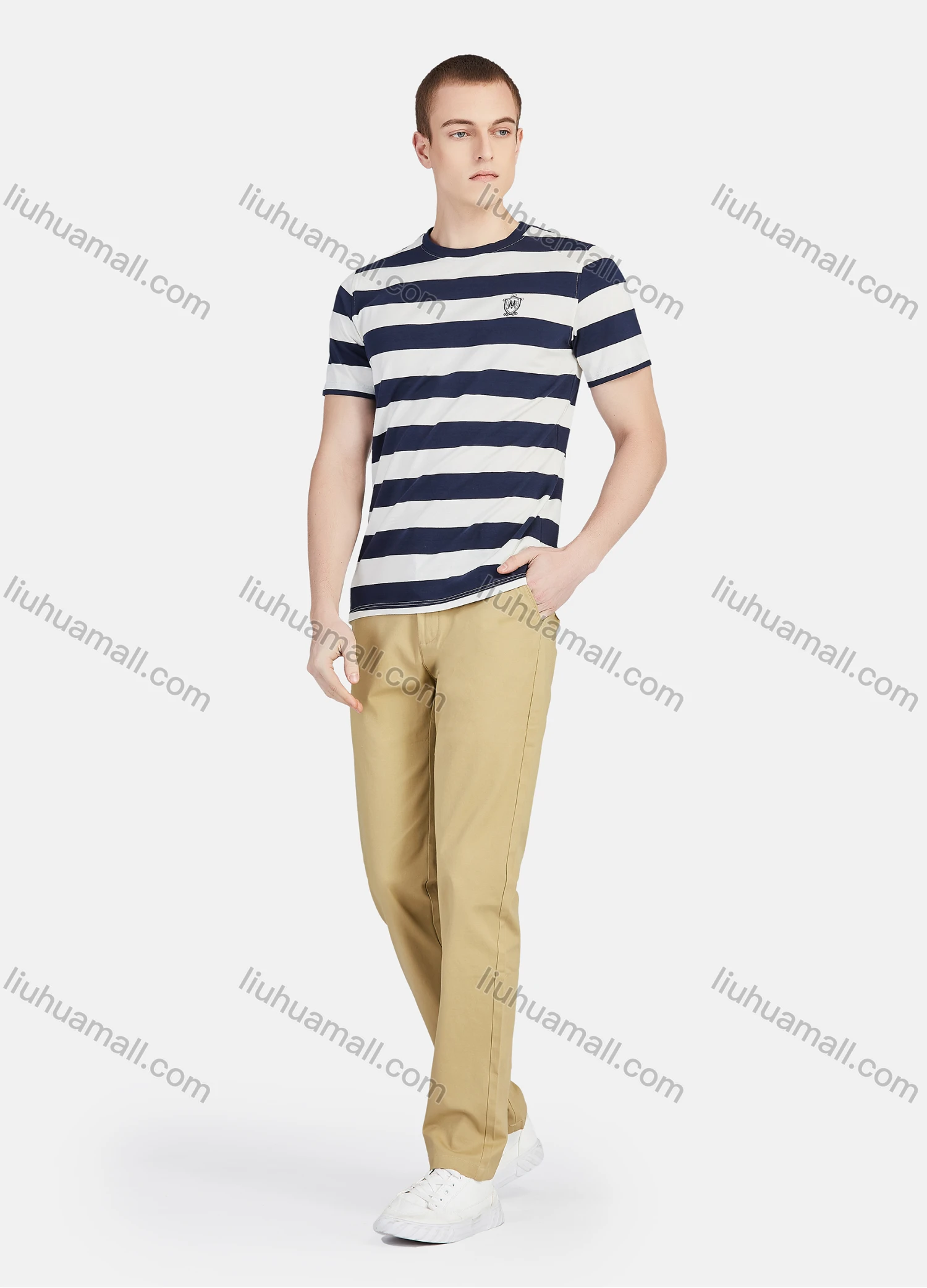 Wholesale Men's Round Neck Short Sleeve Striped Embroidery Casual T-shirt - Liuhuamall